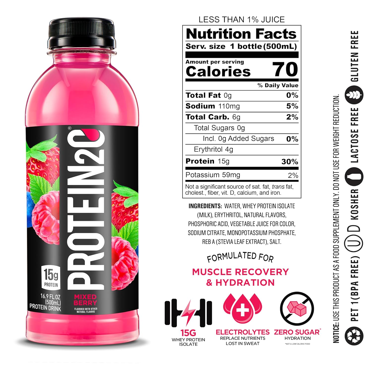 Protein2o 15g Whey Protein Isolate Infused Water, Ready To Drink, Sugar Free, Gluten Free, Lactose Free, Harvest Grape, 16.9 oz Bottle (Pack of 12)