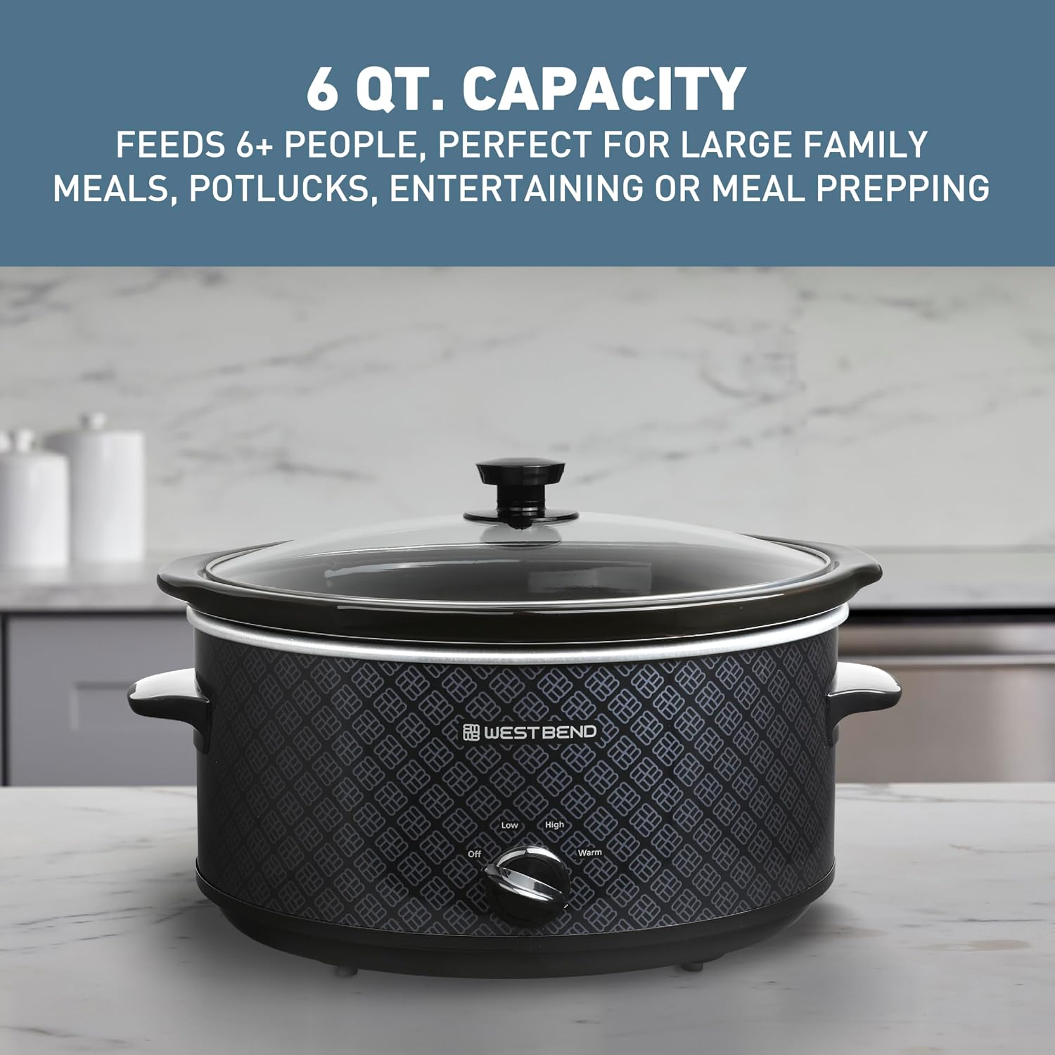 West Bend Slow Cooker 6-Quart Manual Crockery Style with Dishwasher Safe Oval Ceramic Crockpot and Glass Lid Two Temperature Settings Plus Keep Warm, 330-Watts, Black