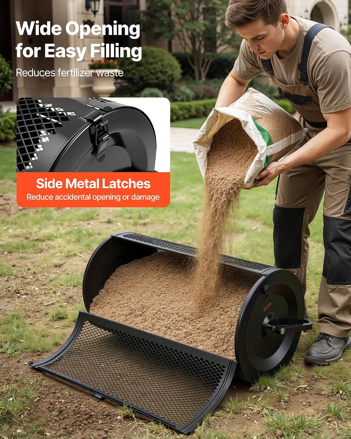 VEVOR Compost Spreader, 36" Wide Peat Moss Spreader with Push/Tow Handle, 4 Heights Adjustable, Powder-Coated Steel Garden Peat Moss Roller, Heavy Duty Grass Seed Roller for Planting Seeding, Black