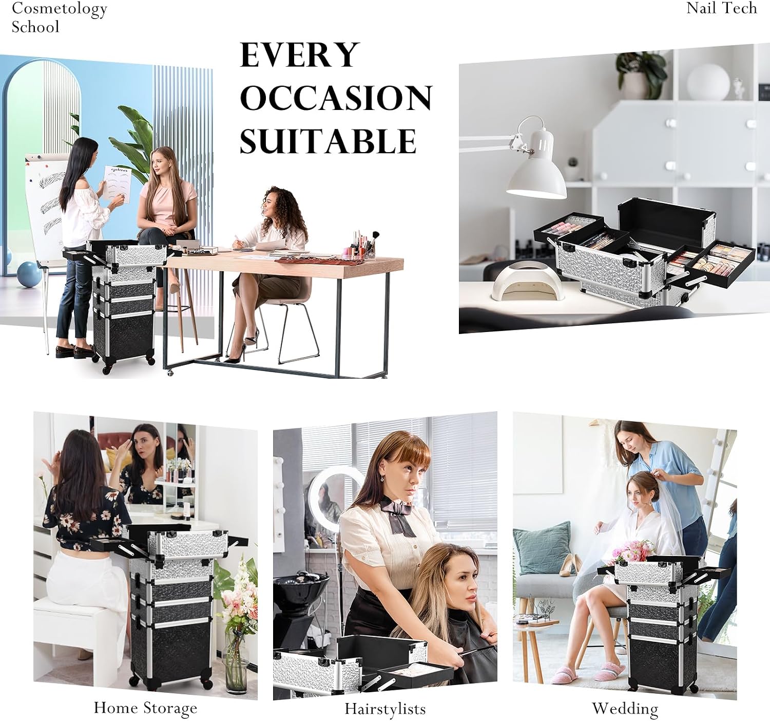 Stagiant Rolling Makeup Case Cosmetology Case on Wheels 4 in 1 Large Cosmetic Organizer Train Case Makeup Travel Case with Key Swivel Wheels Nail