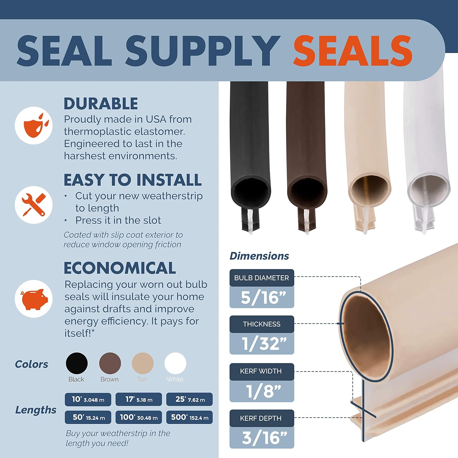 Window Weatherstrip Seal 5/16" Bulb Bubble Kerf Mount 4 Colors & 6 Length Options (500', White)