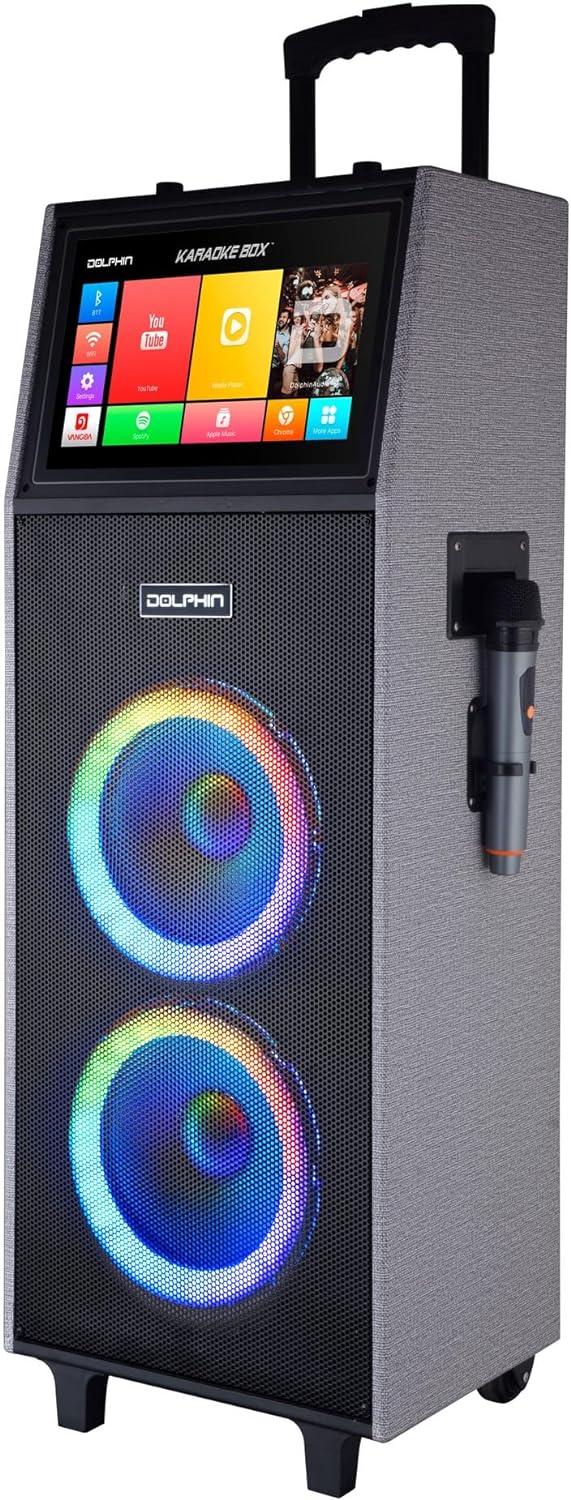 Dolphin KB-2100R Karaoke Machine with 2 Wireless Mics, Dual 10" Woofers | 14" Touchscreen, Android 11.1, Bluetooth, USB, TF, FM & AUX Inputs