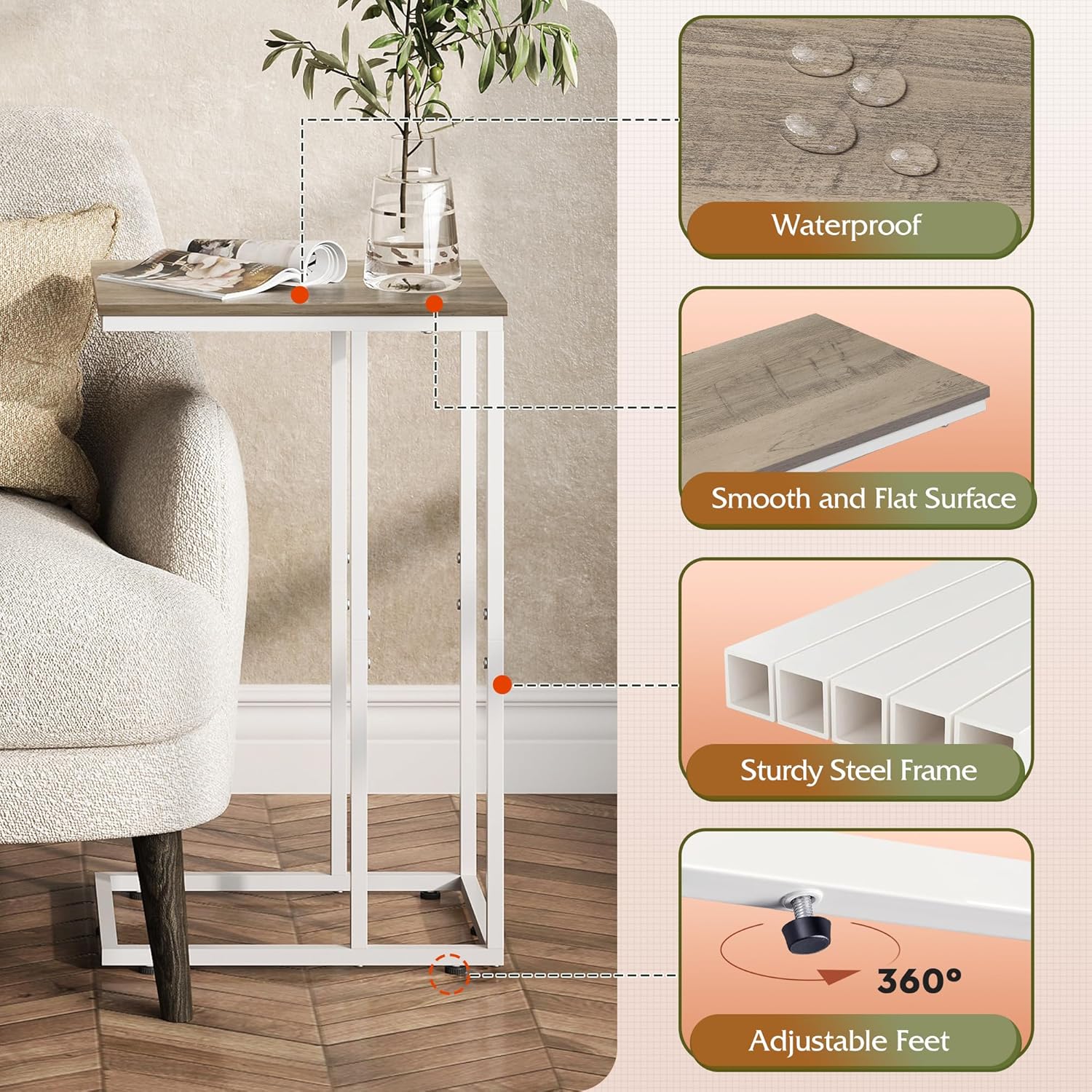 WLIVE C Shaped End Table, Small Side Tables for Sofa and Bed, Couch Table that Slides Under for Living Room, Bedroom, Home Office, Small Spaces