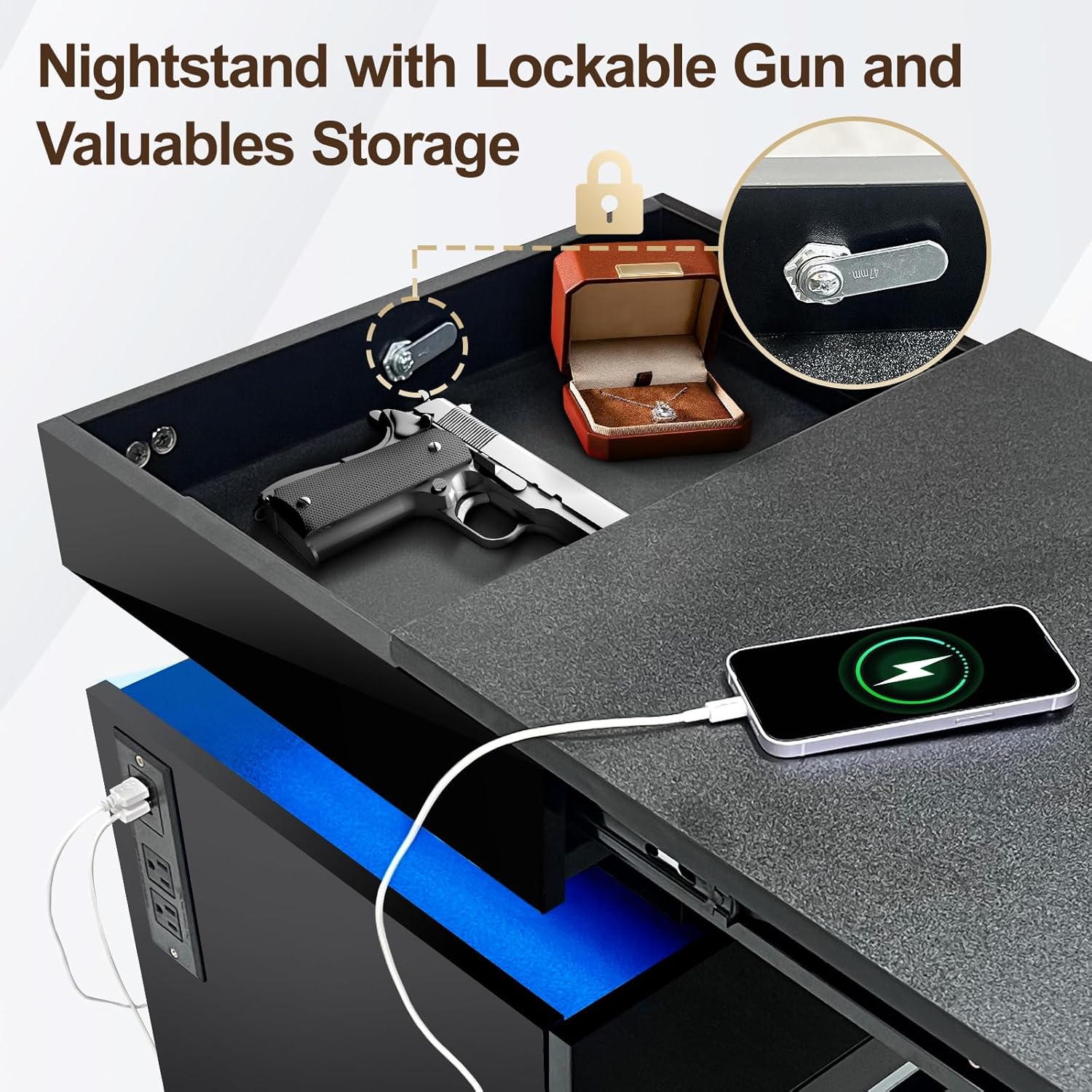 Night Stand with Gun Drawer, Modern Nightstand with Led Lights and Hidden Compartment