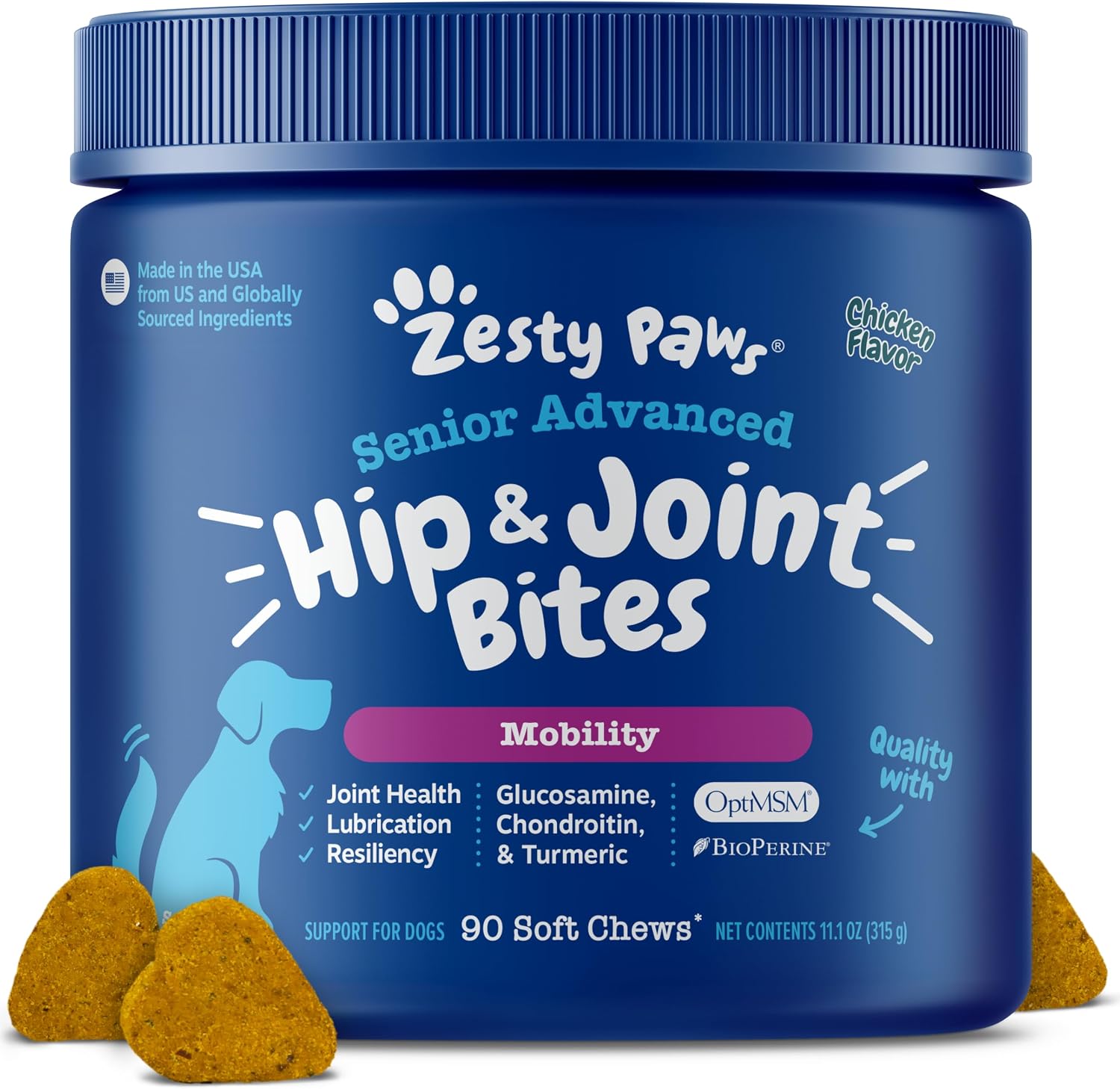 Zesty Paws Hip and Joint Supplement for Dogs - Glucosamine with Chondroitin, MSM, Vitamins C and E Dog Joint Relief - Mobility Bites Duck – 90 Count