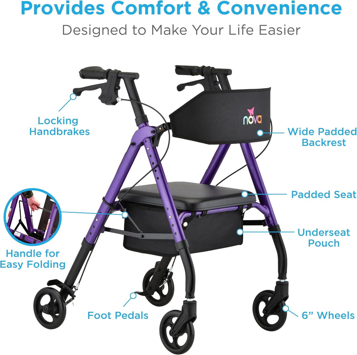 NOVA Star 6 Foldable Rollator Walker for Seniors, Wide Padded Backrest with Seat, 6” All-Terrain Wheels, Easy-Grip Locking Hand Brakes, Height Adjustable, Blue