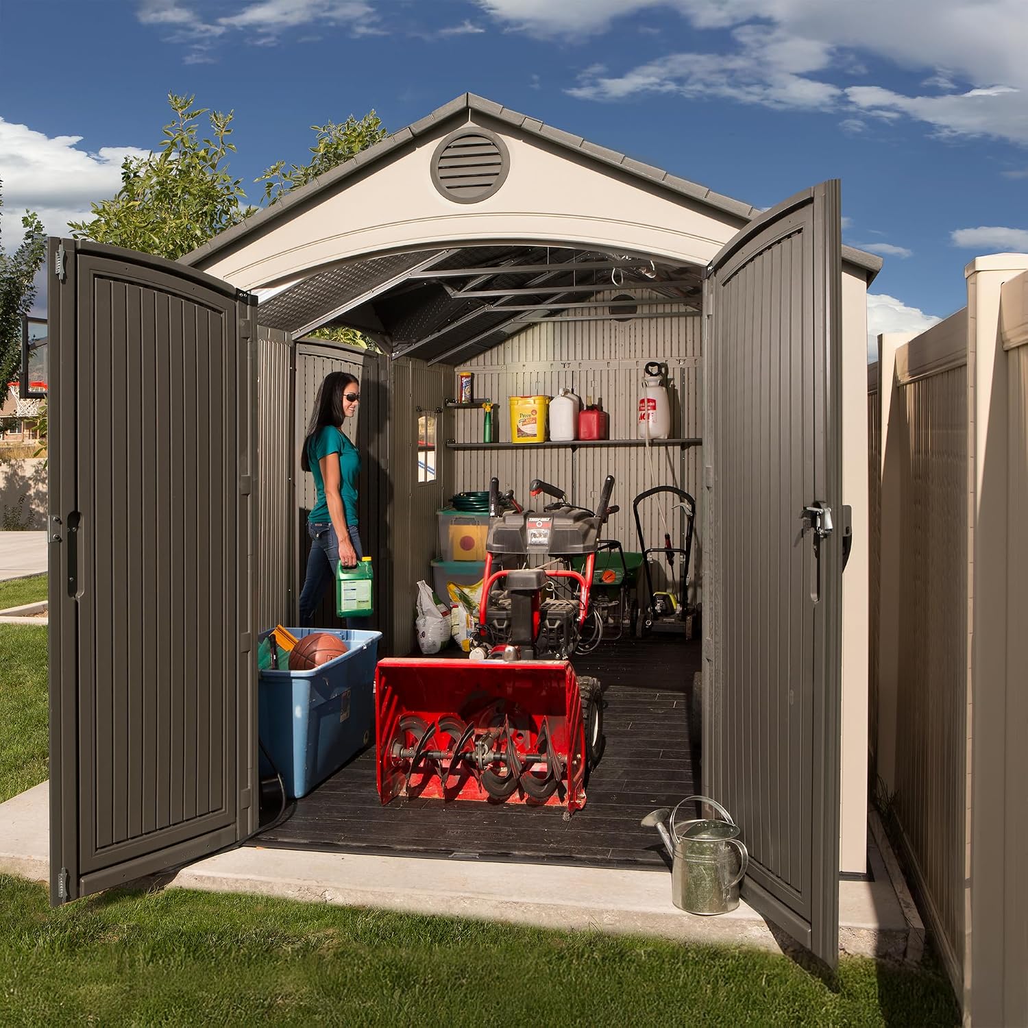 Lifetime 15×8 Ft Dual‑Entry Outdoor Storage Shed, Steel‑Reinforced, UV‑Protected, Weather‑Resistant Backyard Garden Shed with Skylights