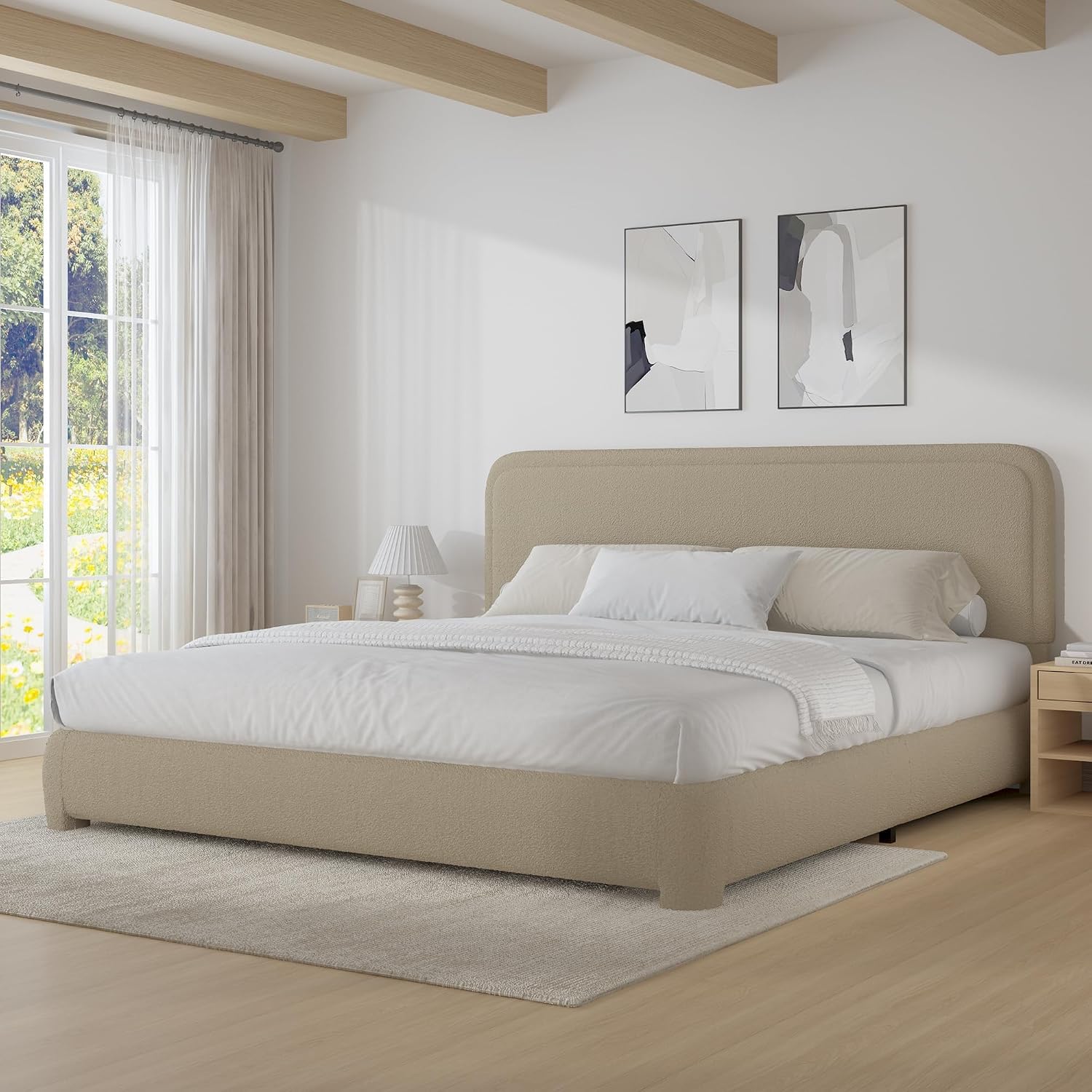 BarnFurin Full Bed Frame, Cloud Boucle Headboard, Rounded Corners, White | Soft boucle and rounded edges create a low-profile cloud look. Wooden slats support the mattress without a box spring