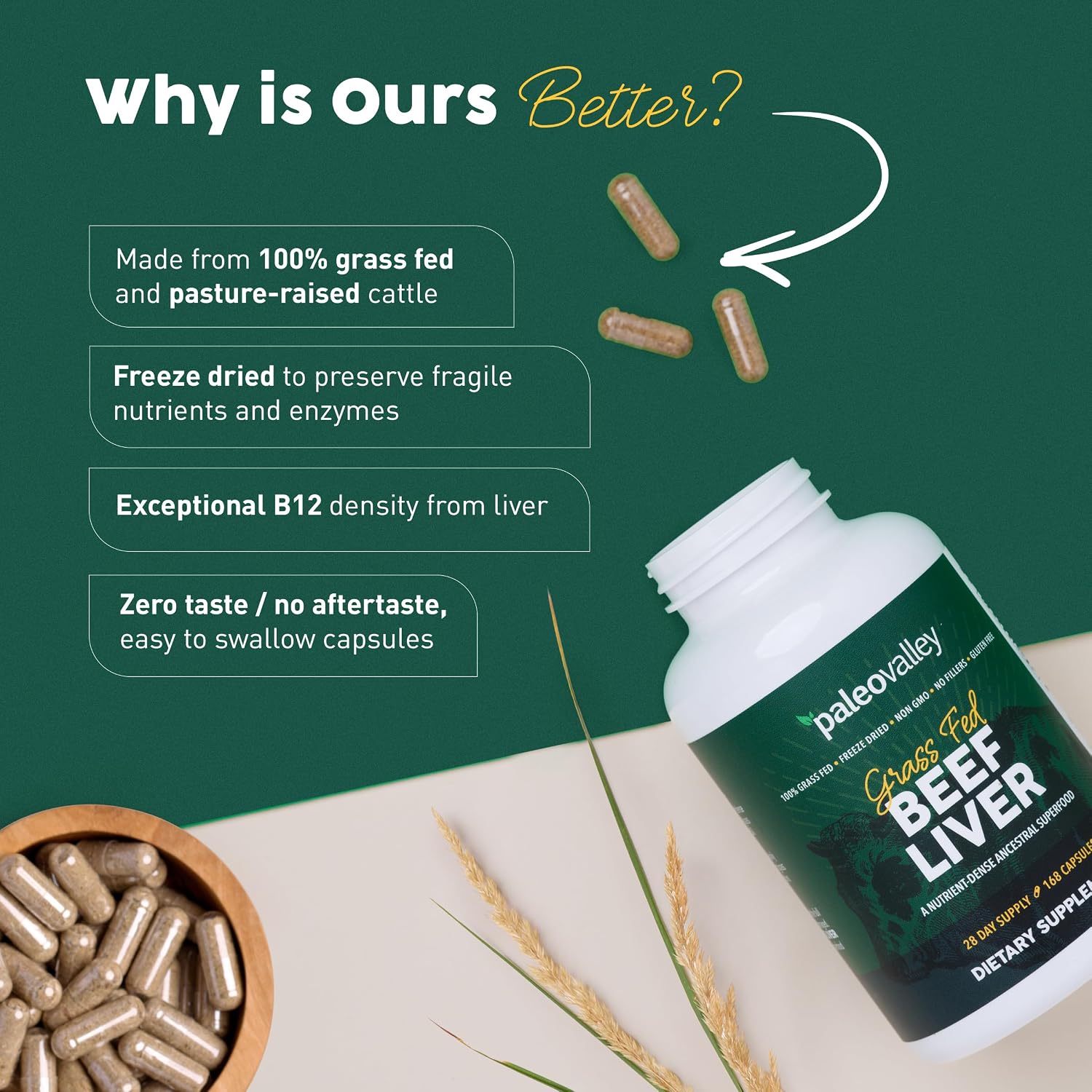 Paleovalley 100% Grass Fed Organ Complex, Beef Liver, Heart and Kidney | Whole Food Multivitamin, Vitamin B12 Supplement, Nutrient Dense Superfood, Freeze Dried, Pasture Raised, Ancestral Nutrition