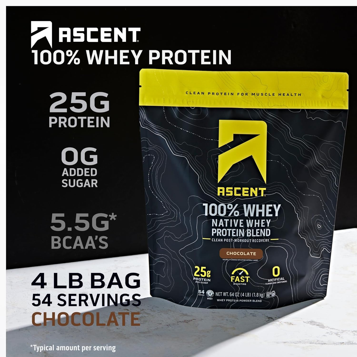 Ascent 100% Whey Protein Powder - Post Workout Whey Protein Isolate, Zero Artificial Flavors & Sweeteners, Gluten Free, 5.5g BCAA, 2.6g Leucine, Unflavored 2 lb