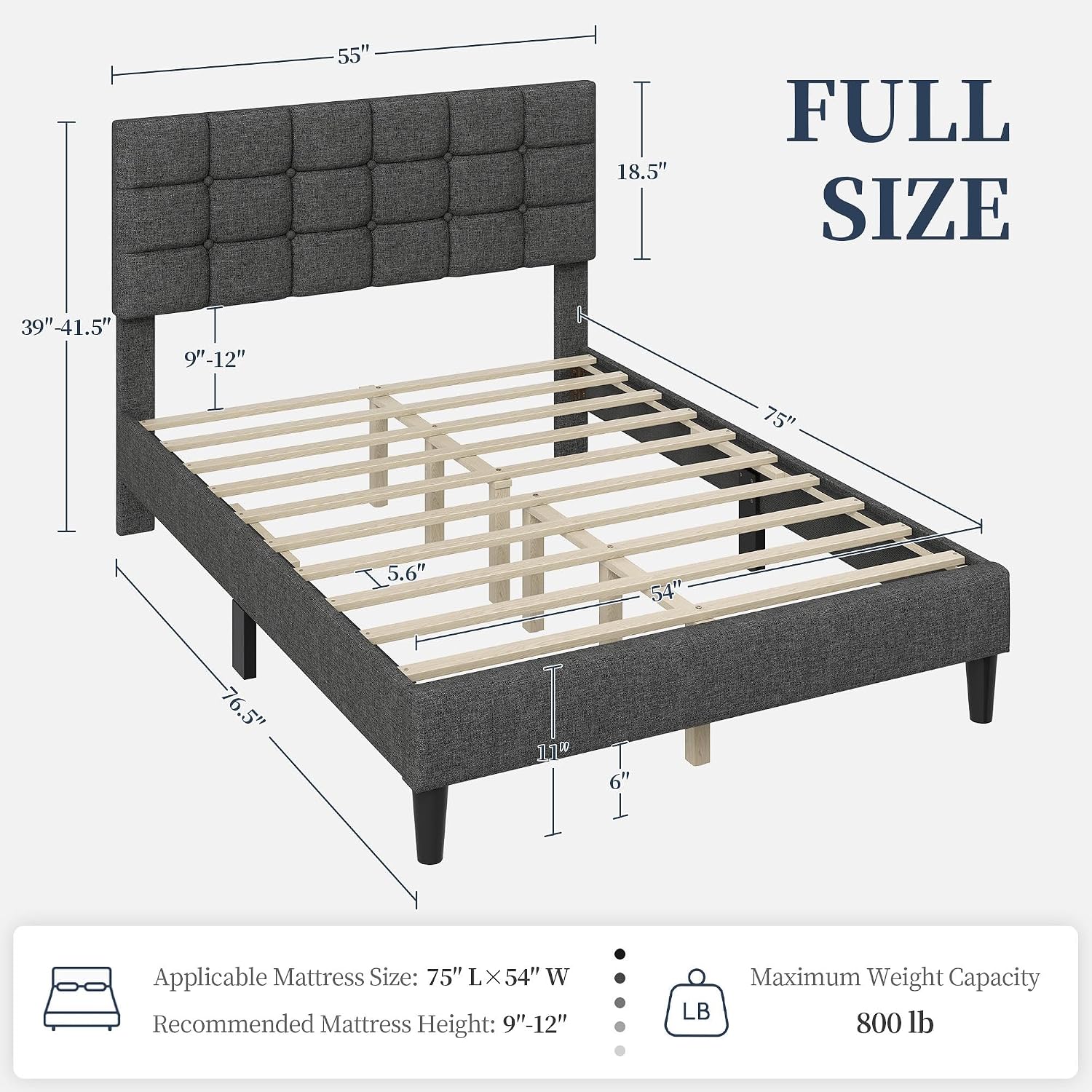 Yaheetech Full Size Upholstered Tufted Bed Frame with Headboard, Dark Gray | Sturdy engineered wood frame with linen fabric upholstery features a soft tufted headboard for easy assembly and support