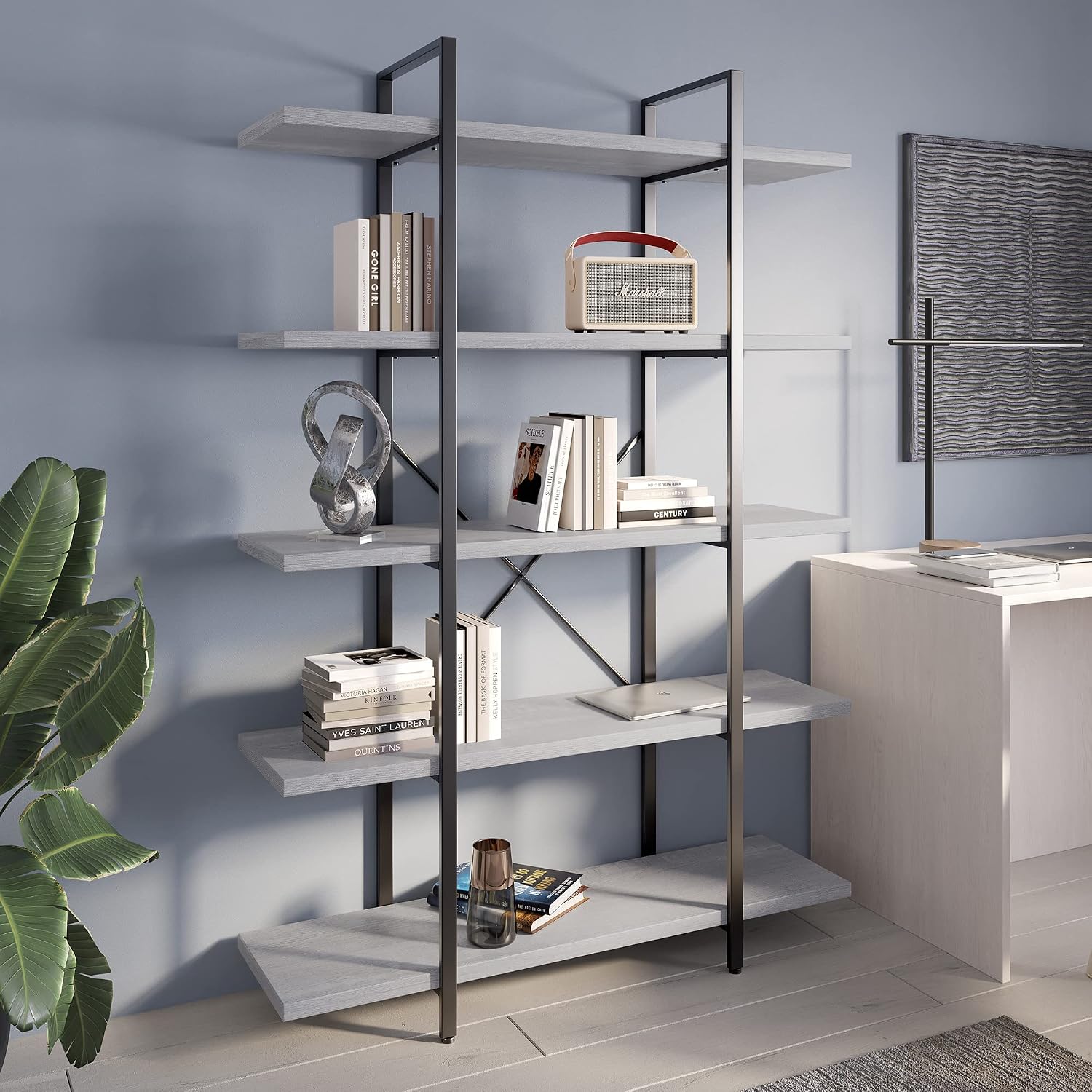 BELLEZE 4 Tier Modern Rustic Industrial Bookshelf, Open Wide Office Etagere Book Shelf