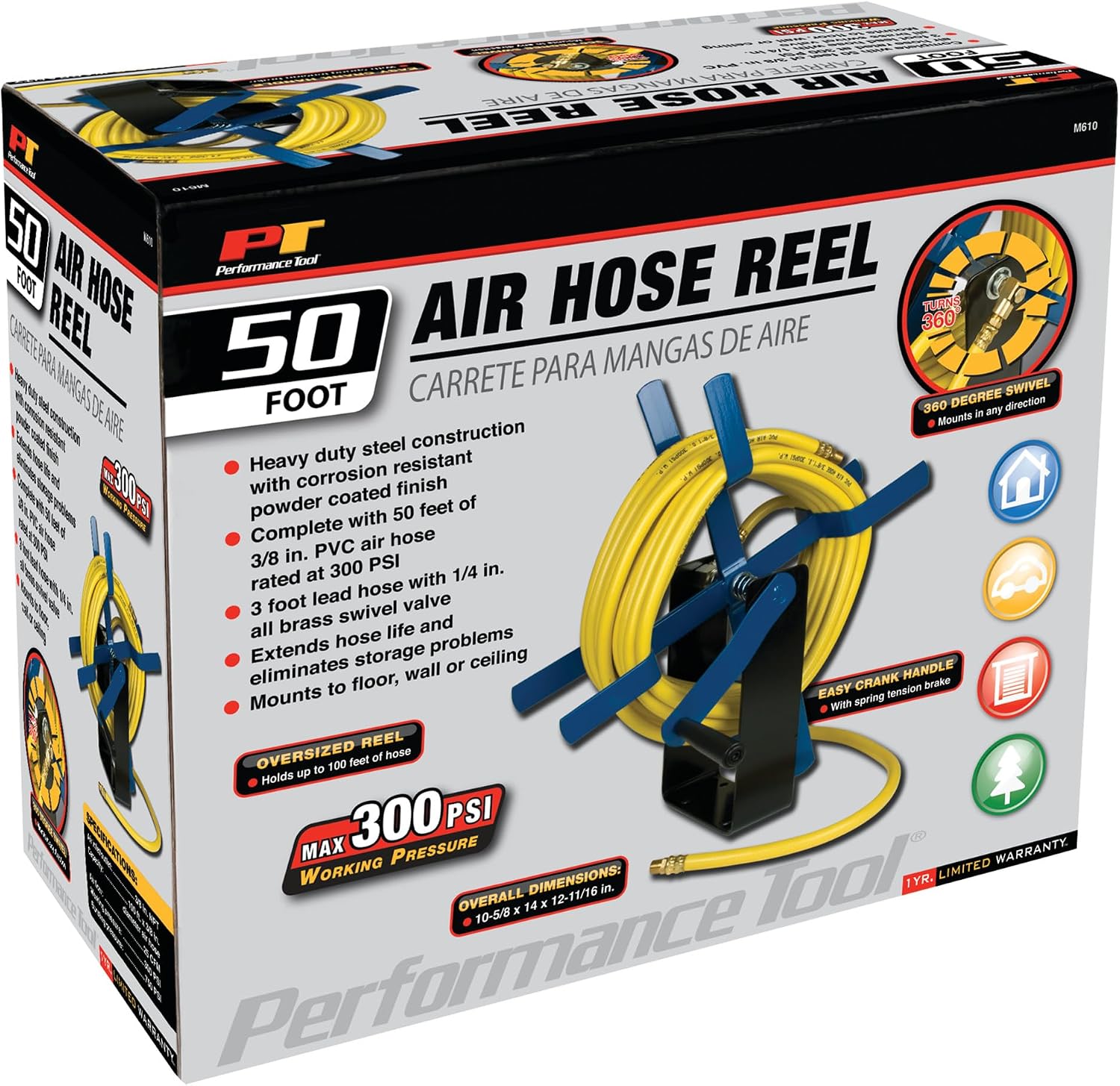 Performance Tool M635 50 ft. 18-Gauge Steel Air Hose Reel | Durable powder coated finish. Holds up to 50-ft of 3/8-in compressor hose (not included). 3/8-in female NPT swivel. Reel only