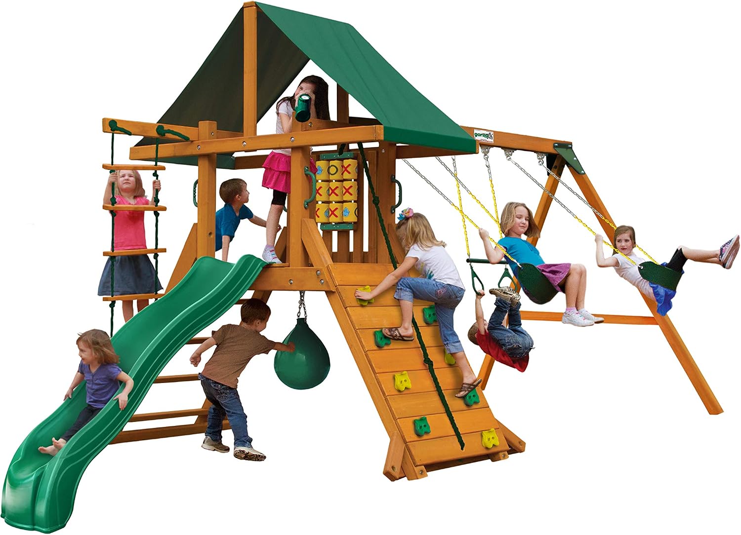 Gorilla Playsets 01-1059-AP High Point Wood Swing Set with Green Vinyl Canopy, Two Swings, Rock Climbing Wall, Slide, Amber
