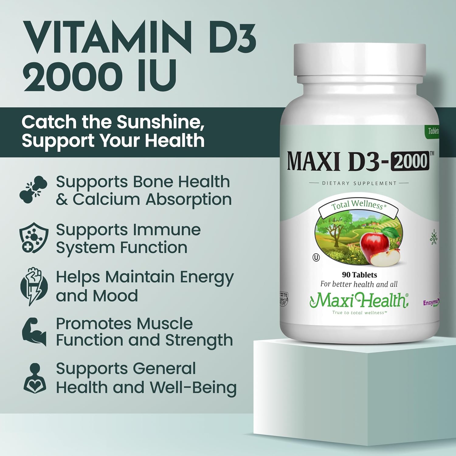 Maxi Health Kosher Vitamin D3 2000IU - Highly Absorbable Vitamin D Supplements for Healthy Immune Response, Calcium Absorption, Teeth & Bone Health - D3 Vitamin 2000 IU -180 Tablets
