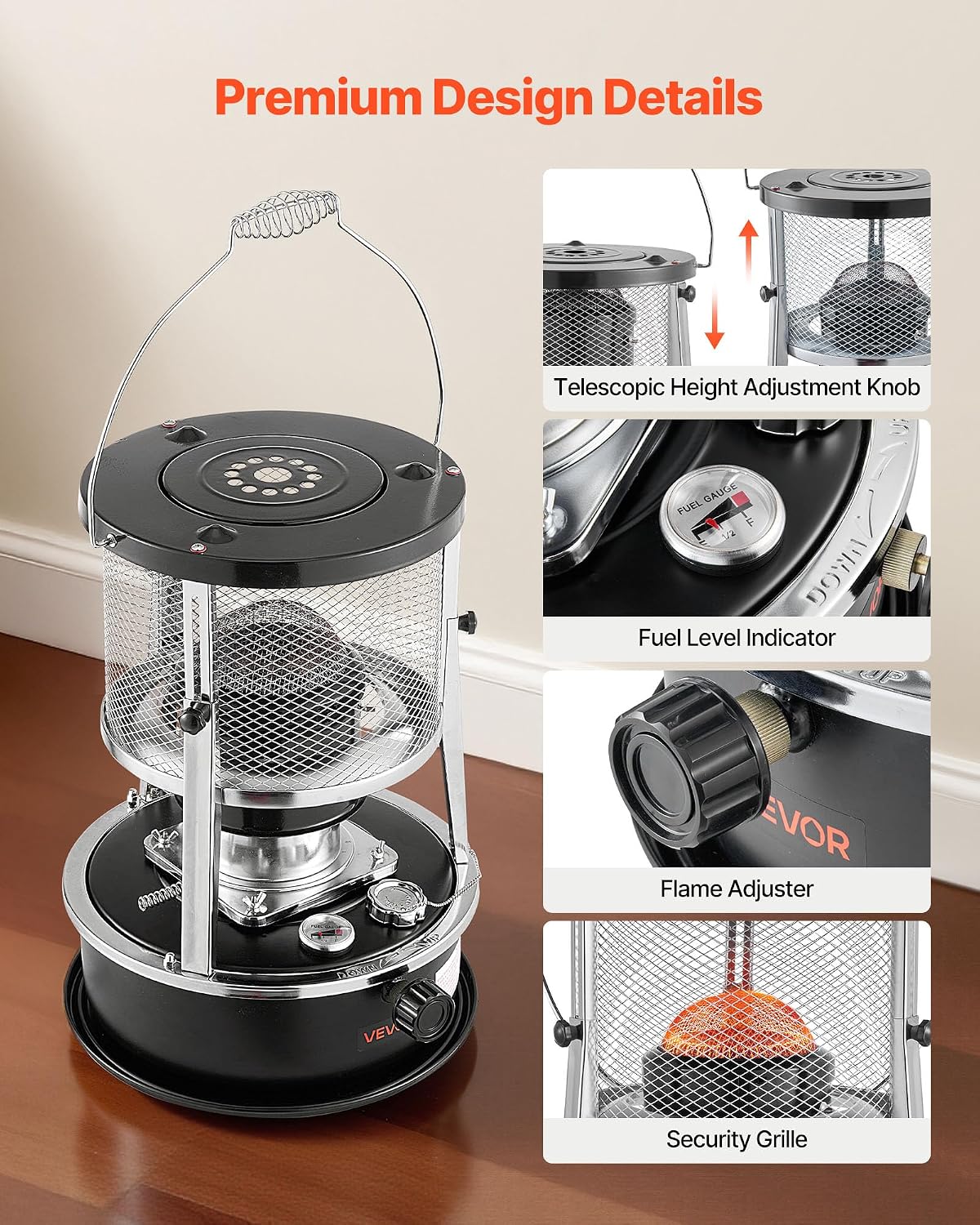 VEVOR 9000 BTU Portable Kerosene Heater & Stove, 2 in 1 Non-Electric Indoor Outdoor Heater with Adjustable Height & Flame & Easy Storage, for Camping