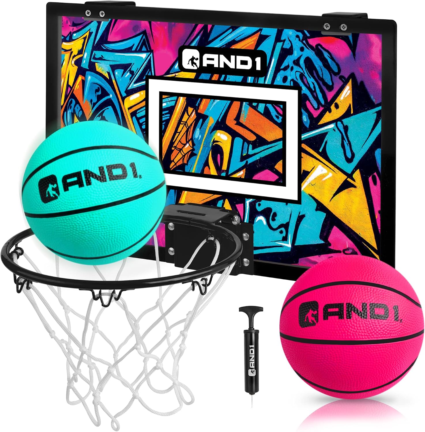 AND1 Over the Door Mini Basketball Hoop: 18x12 Shatterproof Backboard, 2 Mini Basketballs