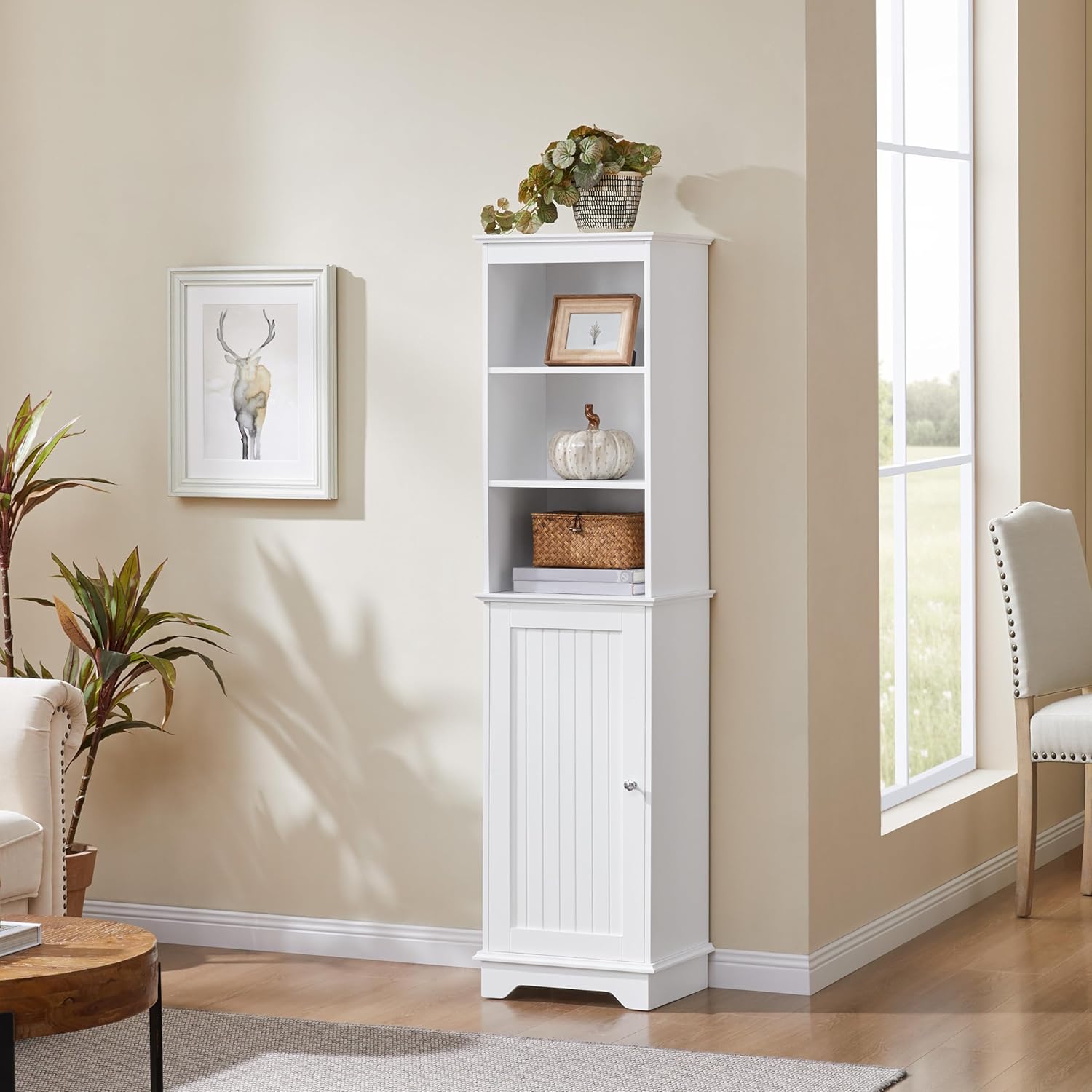 Yaheetech Tall Narrow Bathroom Storage Cabinet with Door and Shelves, White | Linen Closet for Towels, Toiletries and Laundry, Open Display Shelves
