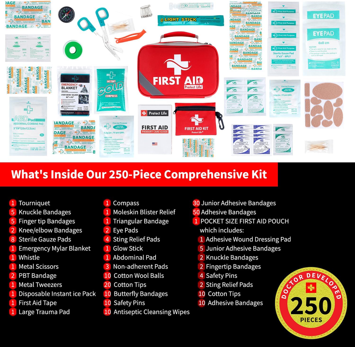 Protect Life Travel First Aid Kit for Car - Small Mini Emergency Kit, 100 Piece Waterproof First Aid Kit for Home, Camping, Boat & Hiking - Includes Emergency Blanket & First Aid Guide
