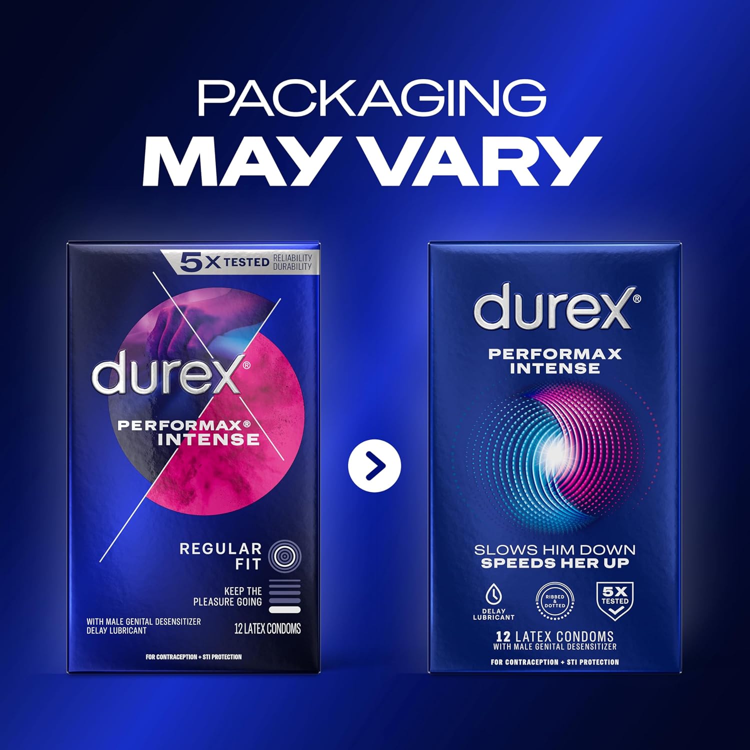 Condoms, Ultra Fine, Ribbed, Dotted with Delay Lubricant, Durex Performax Intense Natural Rubber Latex Condoms, 12 Count, Contains Desensitizing Lube for Men