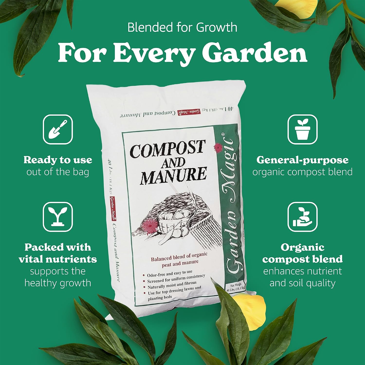 Michigan Peat Garden Magic Odor-Free Compost & Manure Blend, 40 lb | Outdoor Lawn and Gardeniing Mixture with Nutrients and Minerals for Soil Potting and Planting