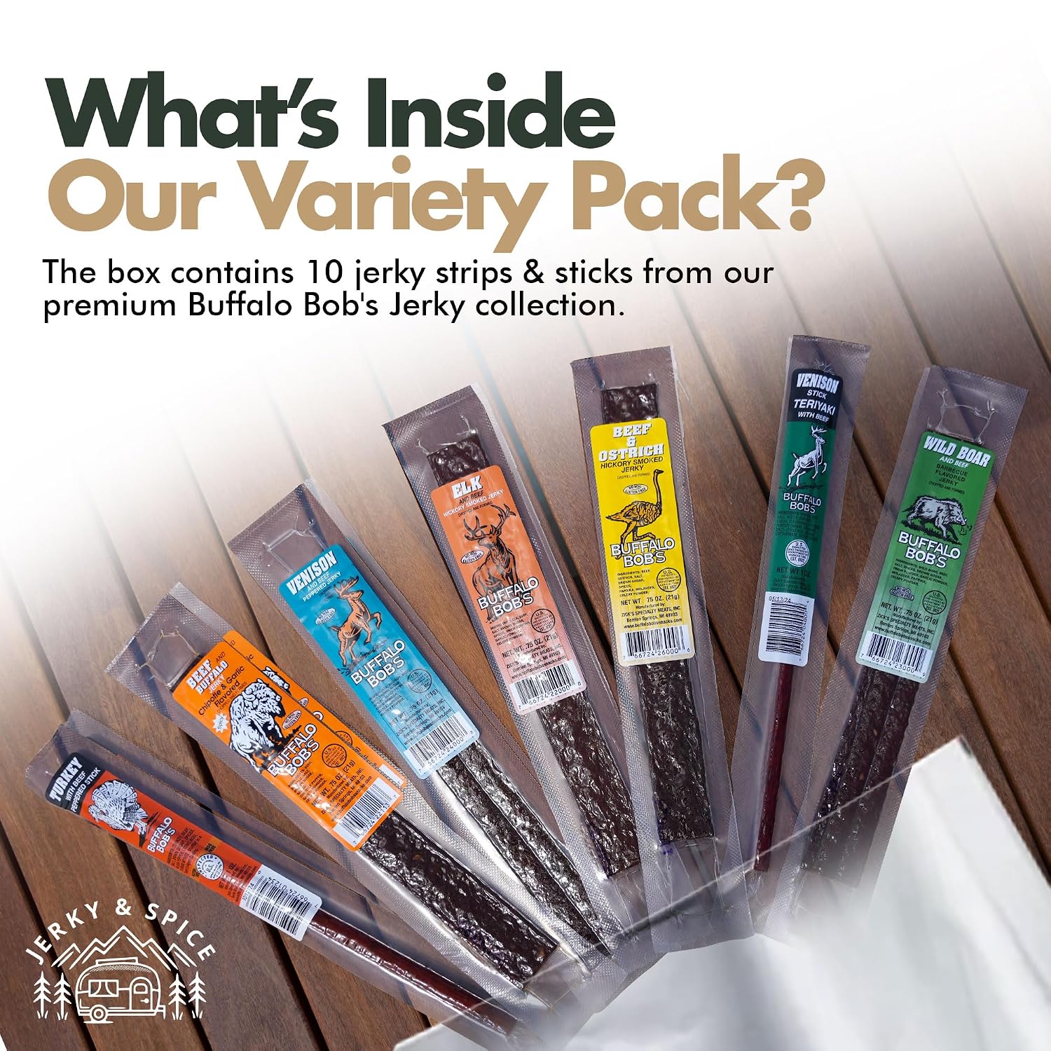 Jerky-n-Spice Wild Game Exotic Meat Sticks (10-Pack) | Ultimate Beef Jerky | Savory Snacks Variety Pack for Adults | Perfect Gifts for Anniversary, Camping, Hunting & Birthday Events