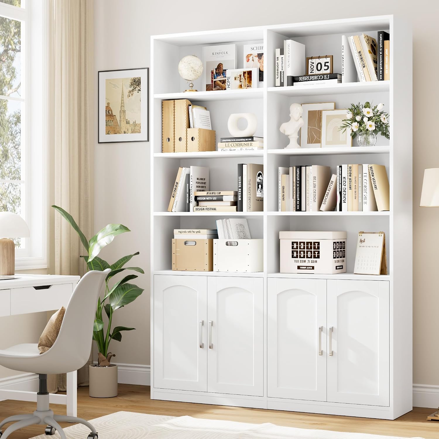 Bookshelf and Bookcase with Doors, Double Wide Large Bookshelves | Industrial Open Display Shelves 6 Tier, 73'' Tall Bookshelf with Storage Cabinets for Office,Home, Living Room, Library,White
