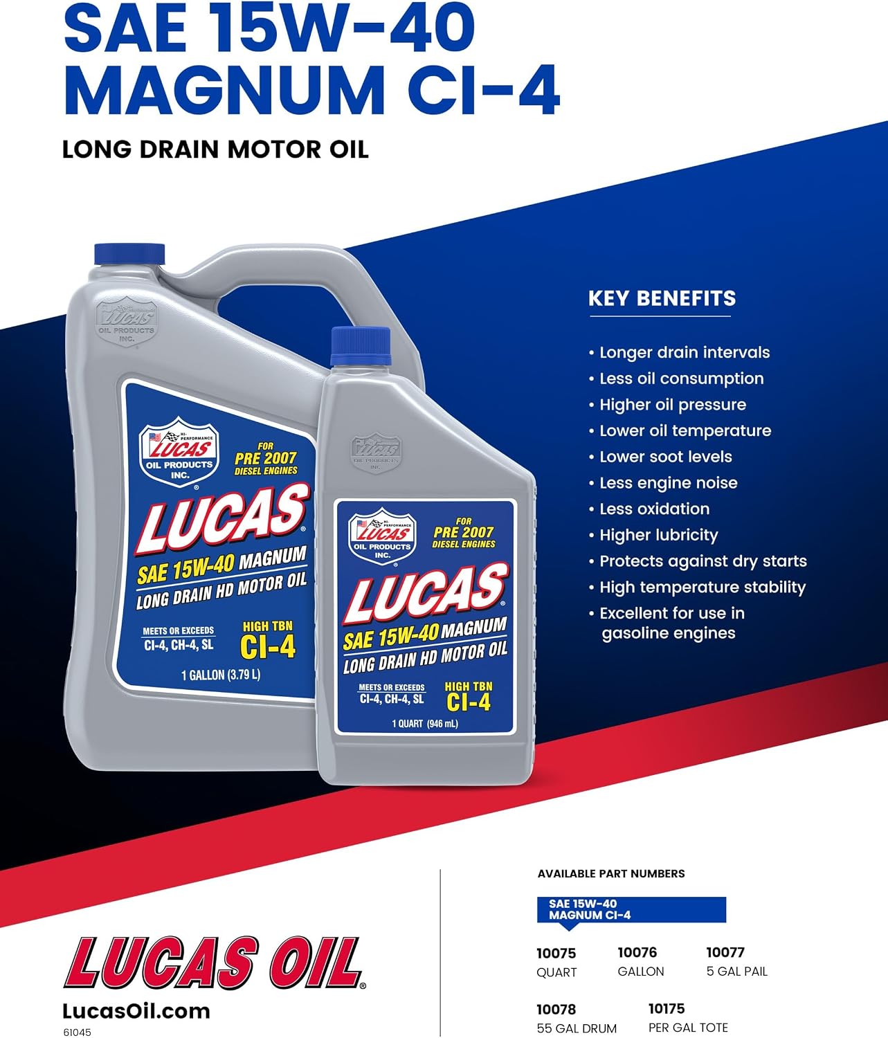 Lucas Oil 10076 SAE 15W-40 API CI-4 Magnum Heavy Duty Motor Oil - 1 Gallon (Pack of 4)