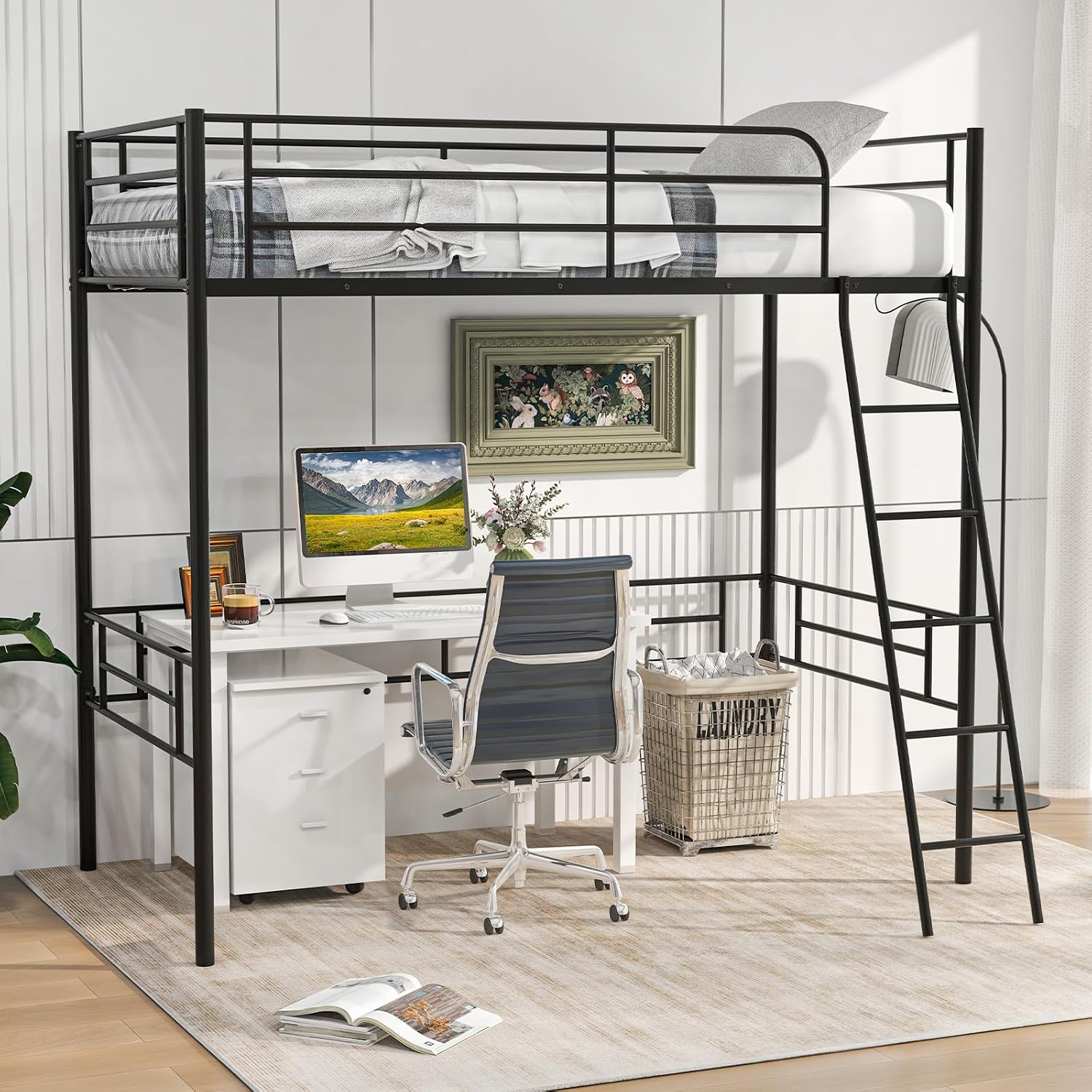GIANTEX Twin Size Loft Bed, Metal Loft Bed Frame with Ladder & Safety Guardrail, Space-Saving with Ample Space Underneath, for Teens Junior and Adults