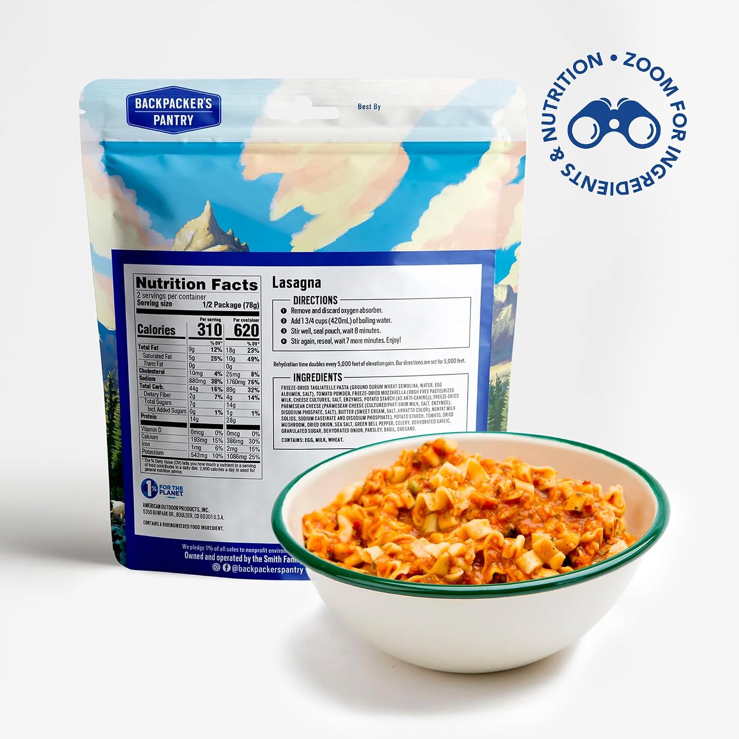 Backpacker's Pantry Lasagna | 1-Pack | 29g Protein | 620 Cal | Vegetarian, Nut Free | Made in the USA | Freeze Dried Meal & Camping Food