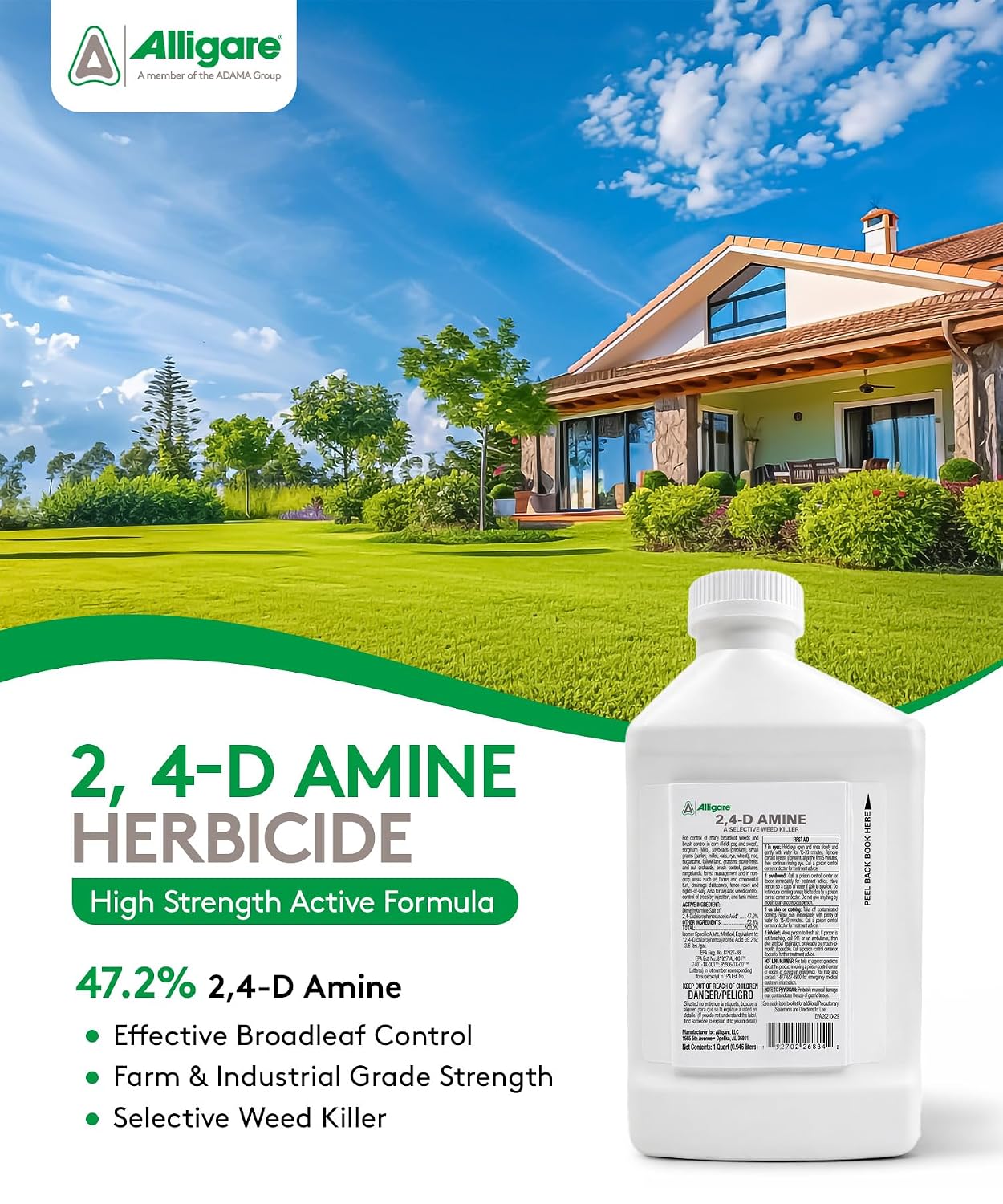 ALLIGARE 2,4-D Amine Weed Killer Concentrate - Post-Emergent Herbicide to Control Pigweed, Thistle, Ragweed, & More - 47.2% Active Ingredient - for Lawns, Pastures, Aquatic Sites & Crops - 2.5 Gallon