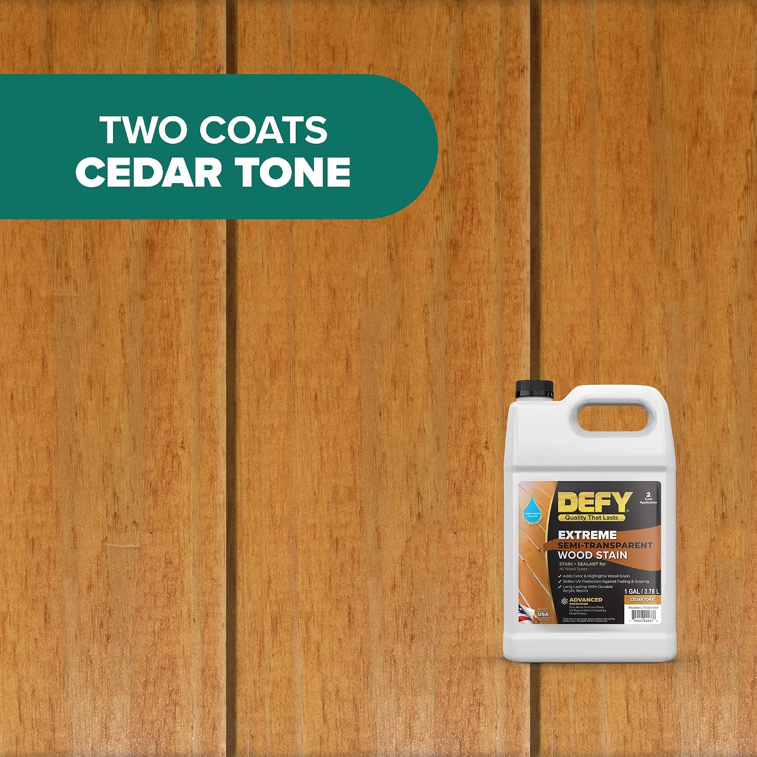 DEFY Extreme Wood Stain and Sealer in One - 1 Gallon Semi-Transparent Waterproof Coating for All Wood Types - Cedar Tone