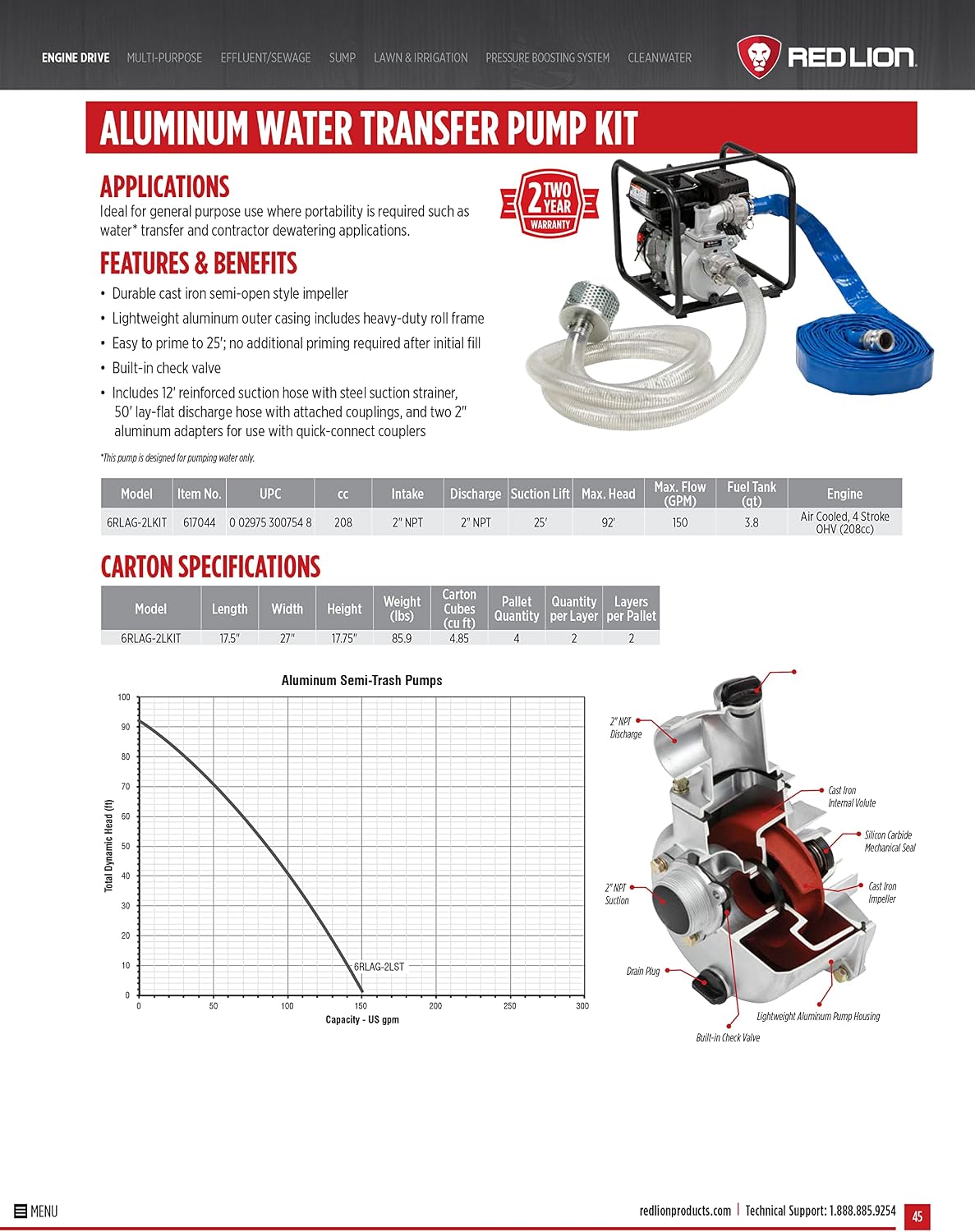 Red Lion 6RLAG-2LST Semi-Trash Gas Powered Transfer Pump, 150 GPM, 208cc