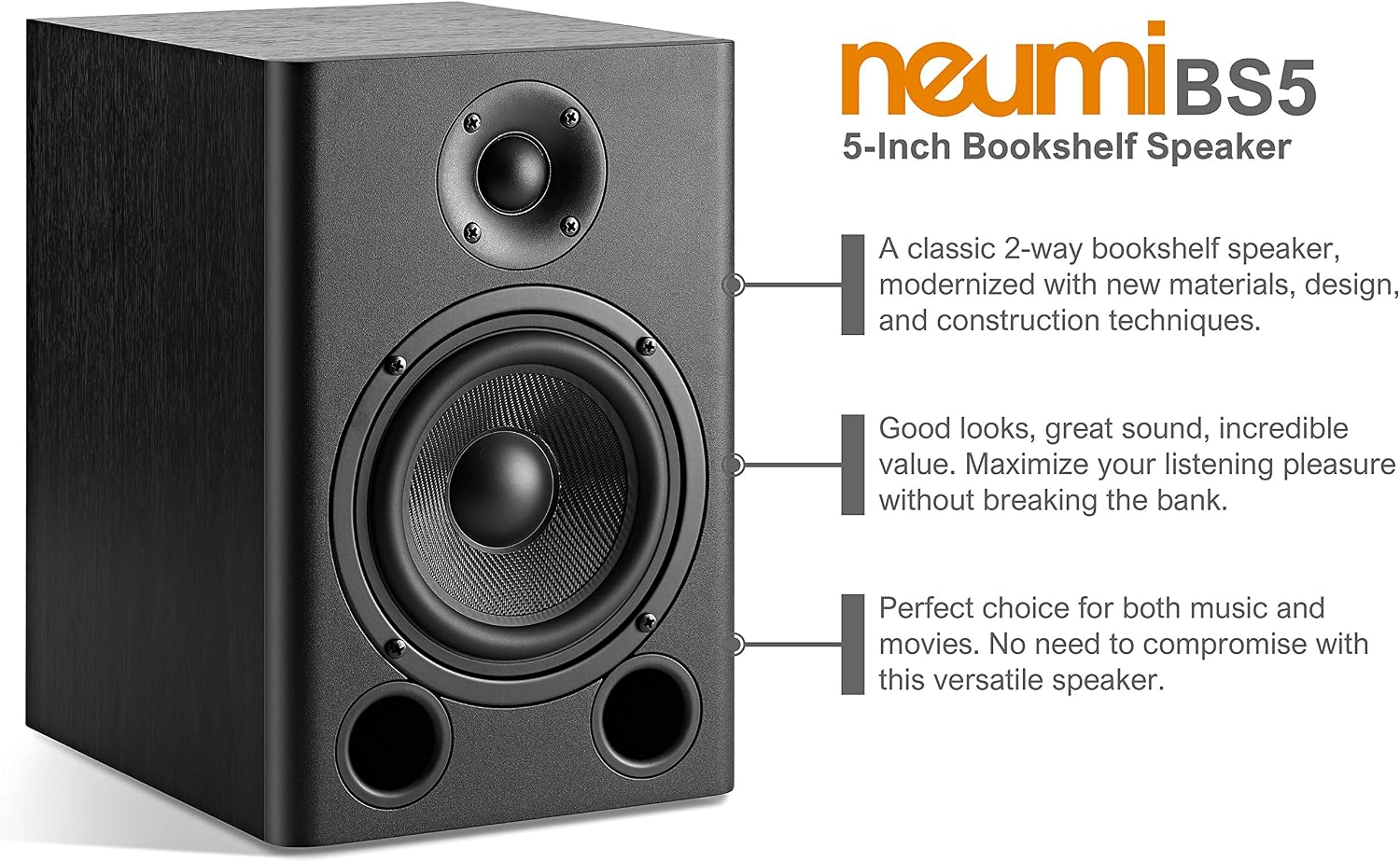 NEUMI BS5 Passive Bookshelf Speakers, 5-Inch Woofer, Dark Wood, 1 Pair