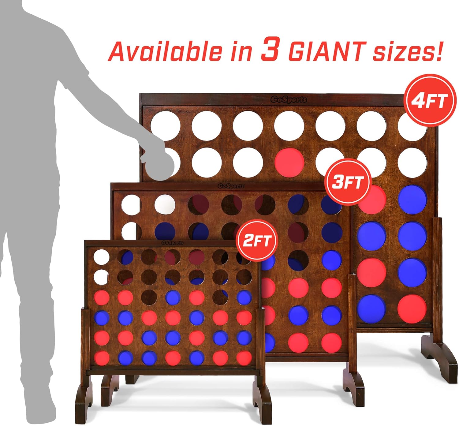 GoSports 2 foot Width Giant 4 in a Row Game with Carrying Case, Made from Wood
