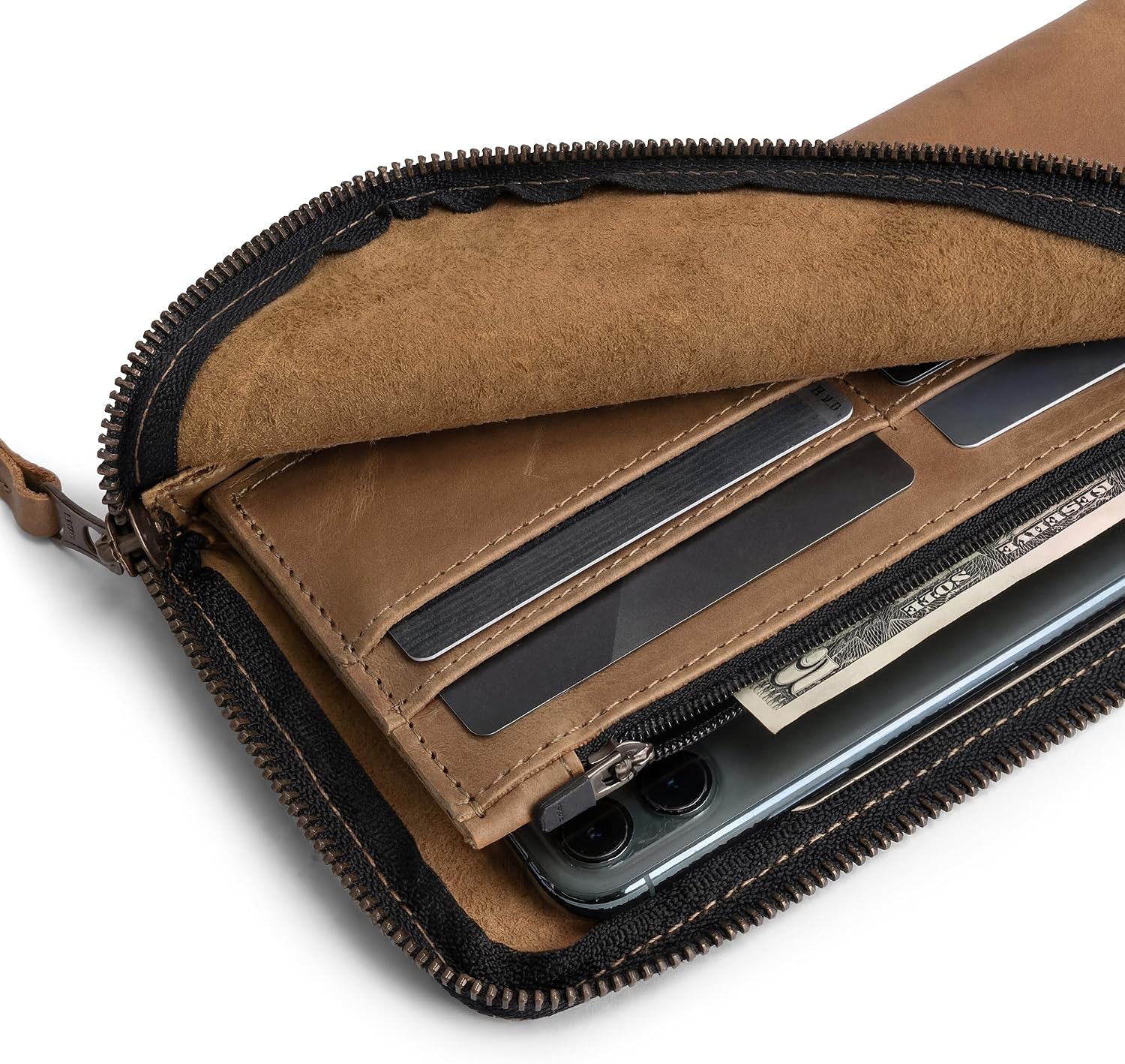 Hide & Drink, Leather Long Zippered Wallet, Holds Up to 8 Cards Plus Coins And Flat Bills, Phone Holder, Travel Essentials, Handmade (Bourbon Brown)