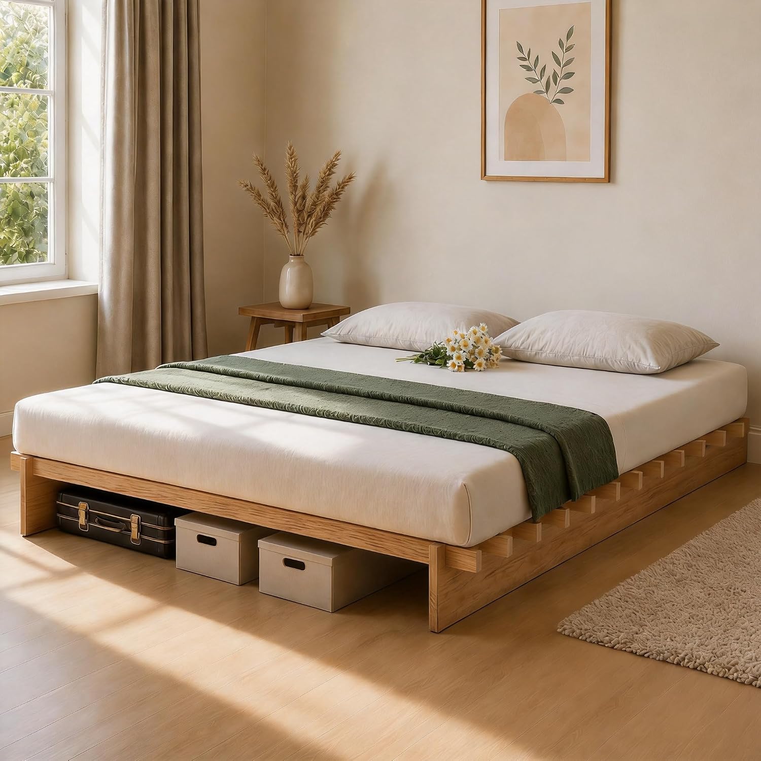 Brafab Tooless Queen Bed Frame, Wooden Japanese Joinery Platform Bed Frame | Wood Slat Support, Assembly in 10 Min, 8" Underbed Storage, No Box Spring Needed, Noise Free, Kid-Friendly Design, Natural