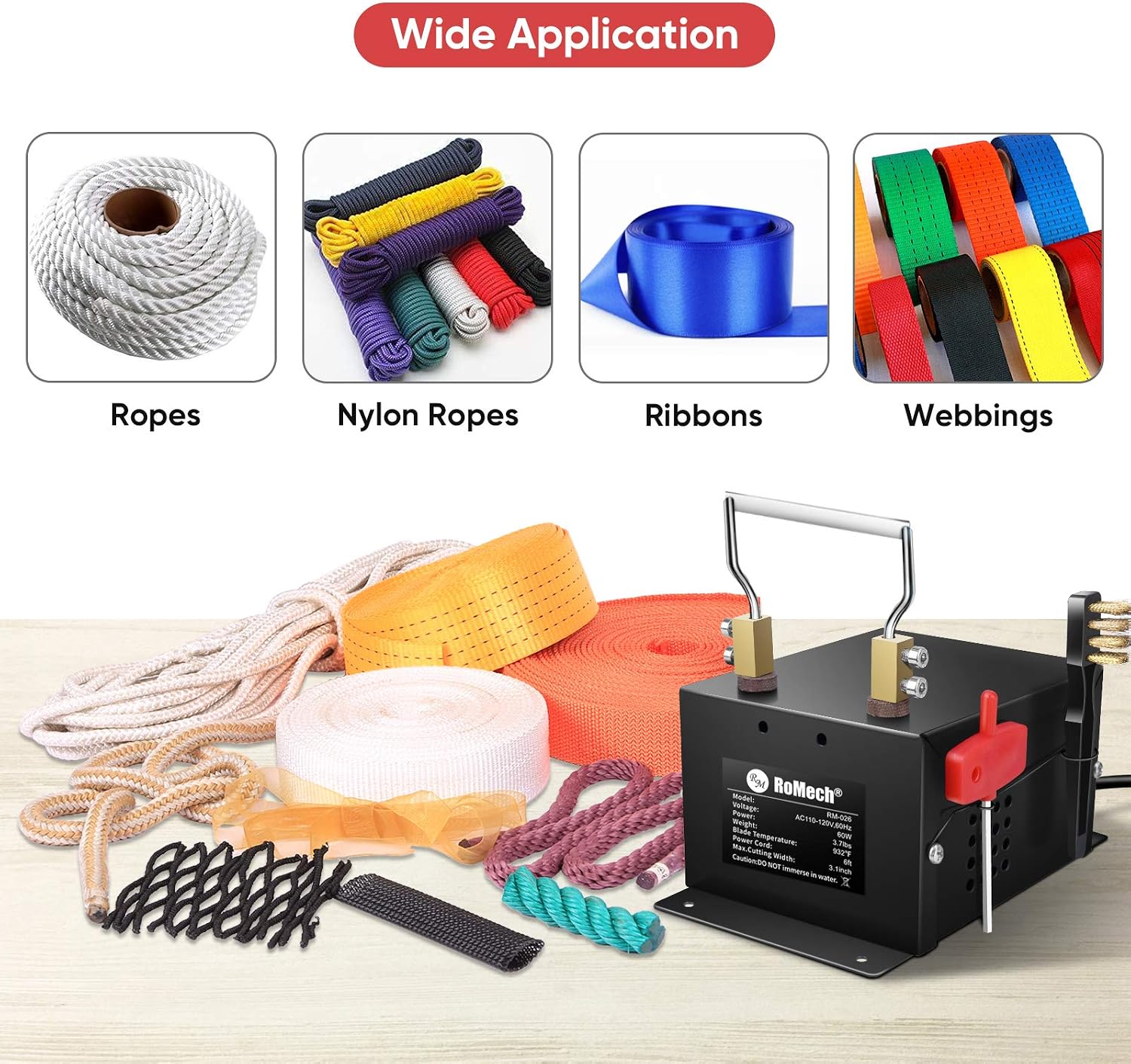 ROMECH 30W Electric Rope Cutter, Hot Knife Thermal Blade, Bench Mount Cutting Tool Kit for Braid Fabric Webbing Belting Ribbon (30W, RM-016)