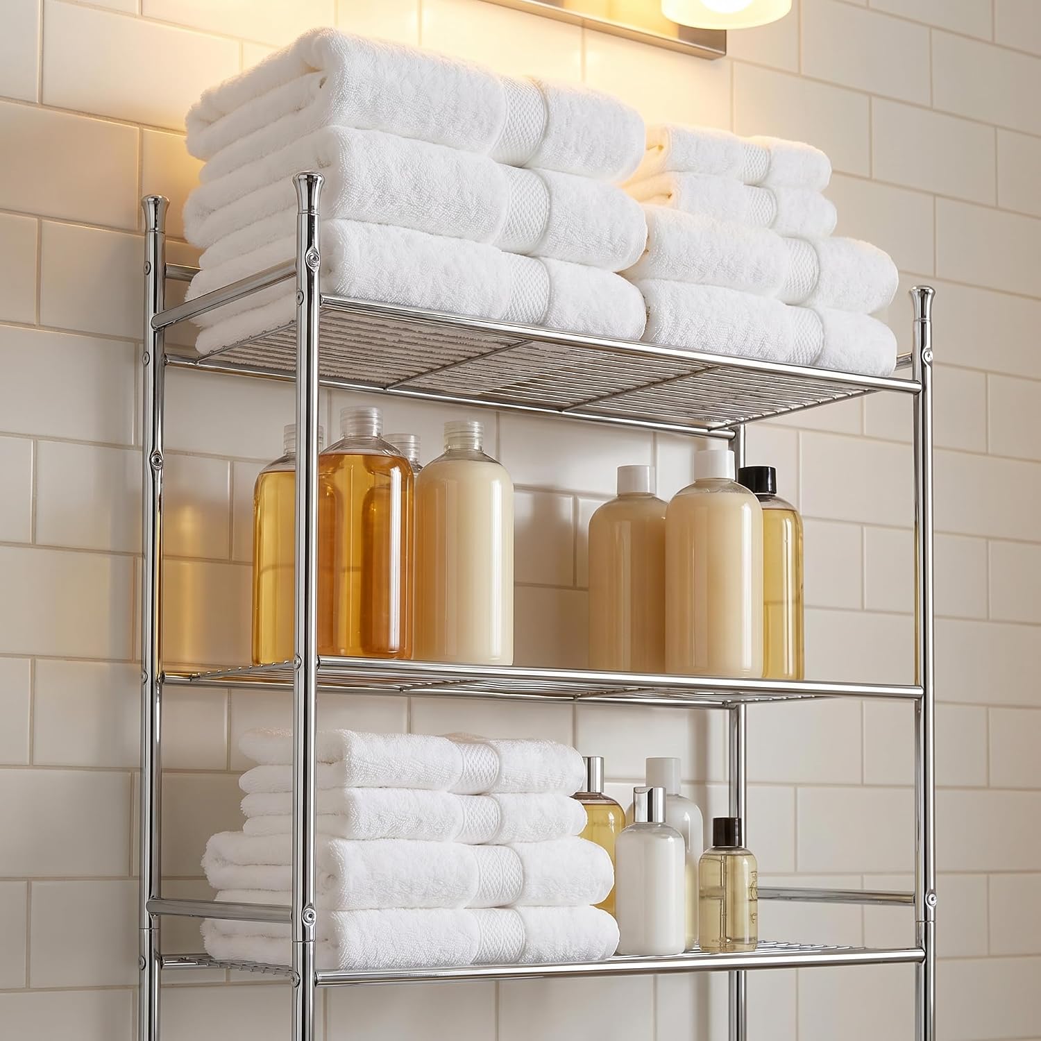 Honey-Can-Do 3-Tier Metal Bathroom Shelf Space Saver, Over The Toilet Storage Rack Organizer, Adjustable Chrome Wire Shelving Unit for Towels & Toiletries, 9.5 x 23 x 60 in