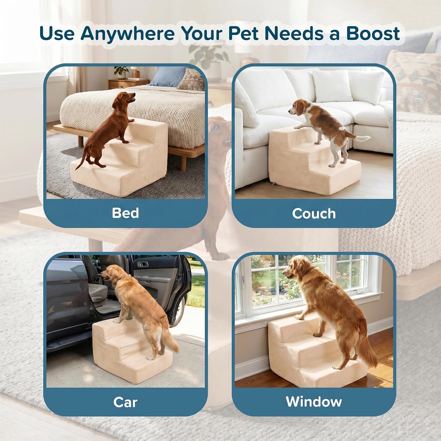 3-Step Pet Stairs - Nonslip Foam Dog and Cat Steps with Removable Zippered Microfiber Cover - 2-Tone Design for Home or Vehicle Use by PETMAKER (Tan) | 3-Step Pet Steps for High Bed and Couch - Pet Stairs with Nonslip Bottom, High-Density Foam, and Remov…
