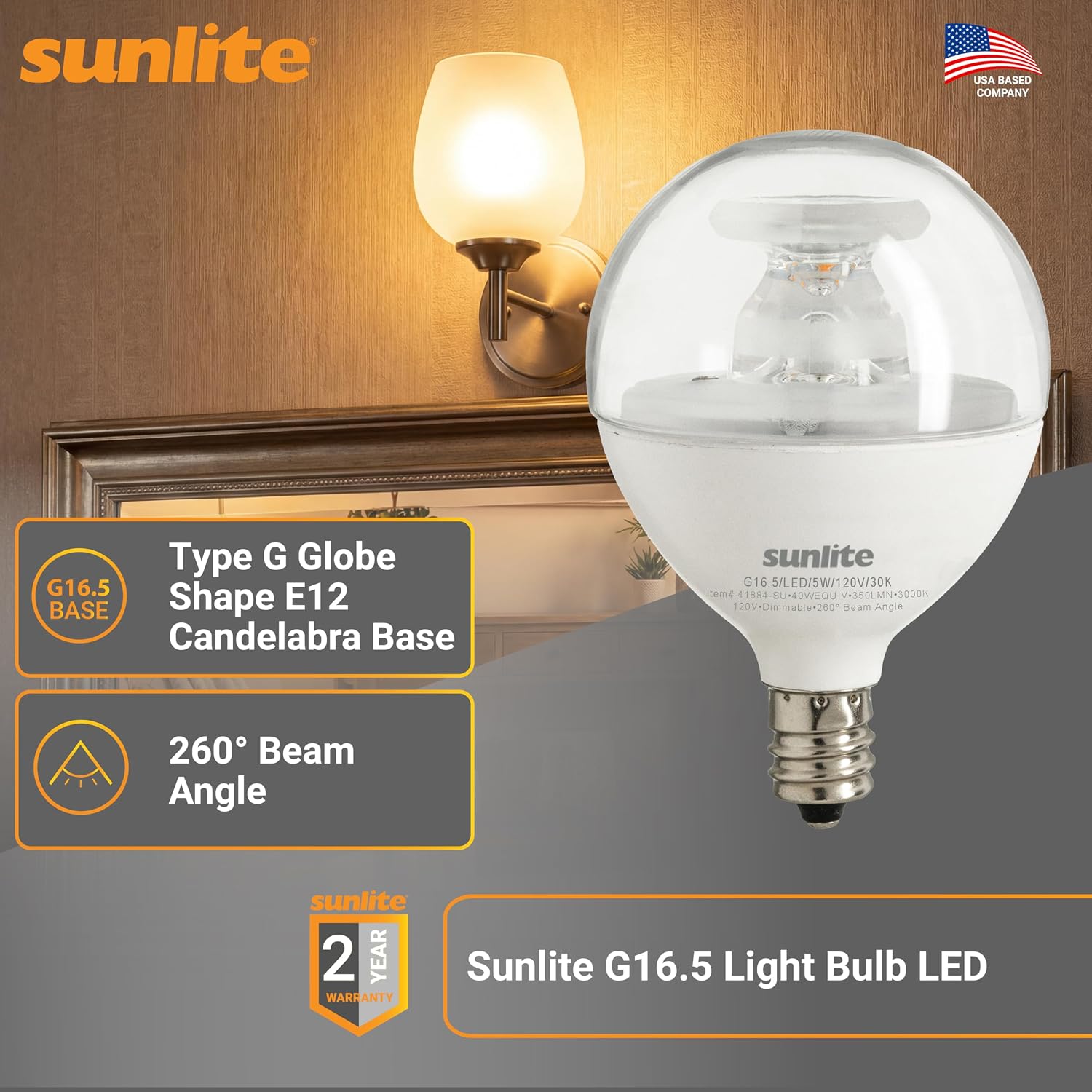 Sunlite G16.5 Light Bulb LED, 5W (40W Equiv.), 350 Lumens, Dimmable, Type G Globe Shape E12 Candelabra Base, Short Bulbs, Vanity Mirror Bulbs, 2700K Soft White, Frosted, 6 Count