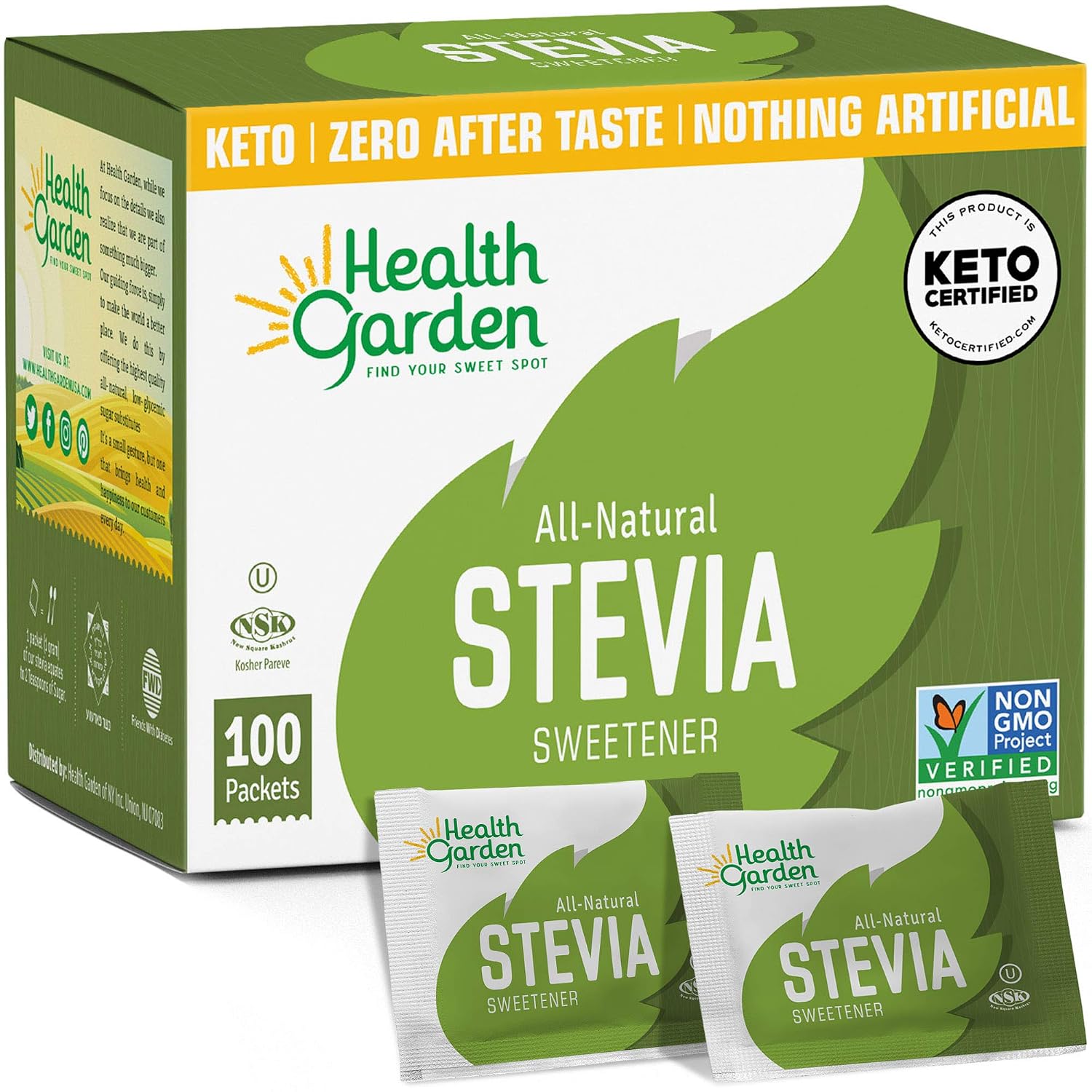 Health Garden Stevia Packets, 100 Count, Zero Calorie Sugar Substitute | Keto Certified, Diabetic-Friendly, Non-GMO