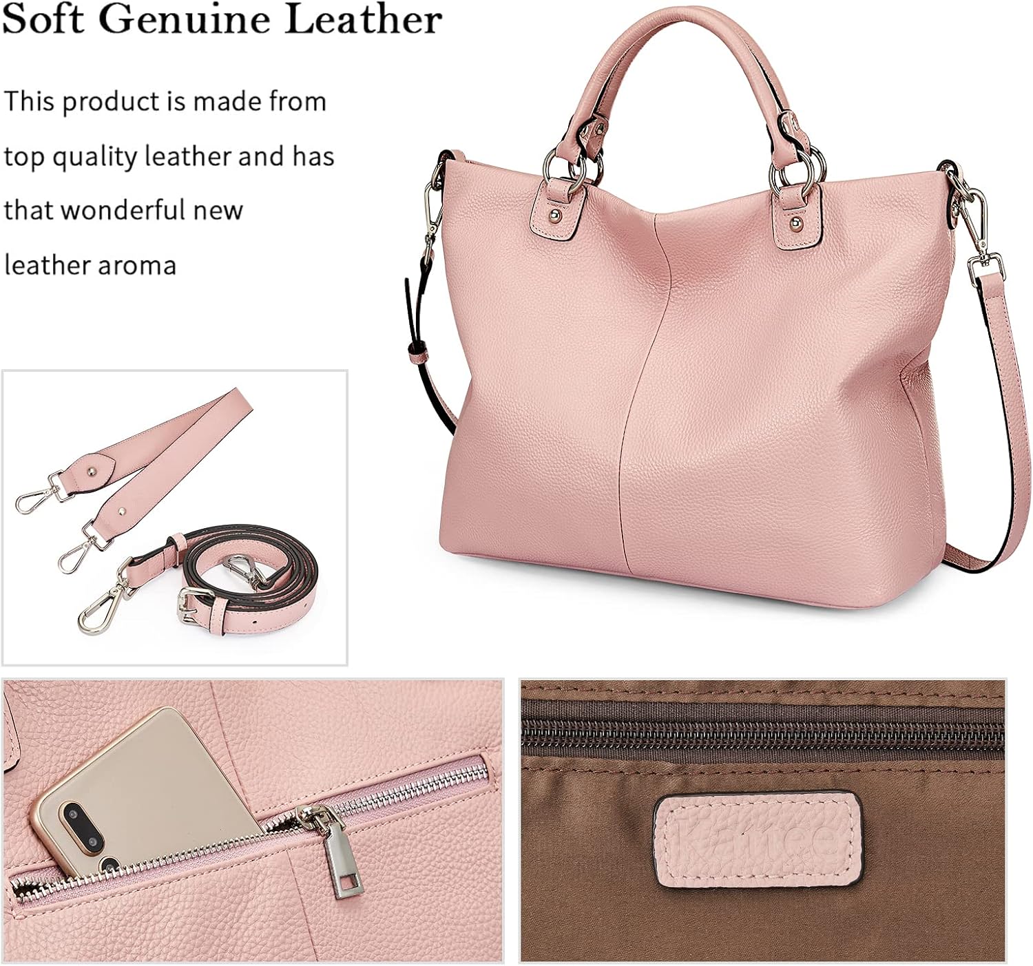 Kattee Genuine Leather Tote Purse for Women, Top Handle Satchel | Soft genuine leather tote with roomy storage and versatile carry for work, shopping, and travel.