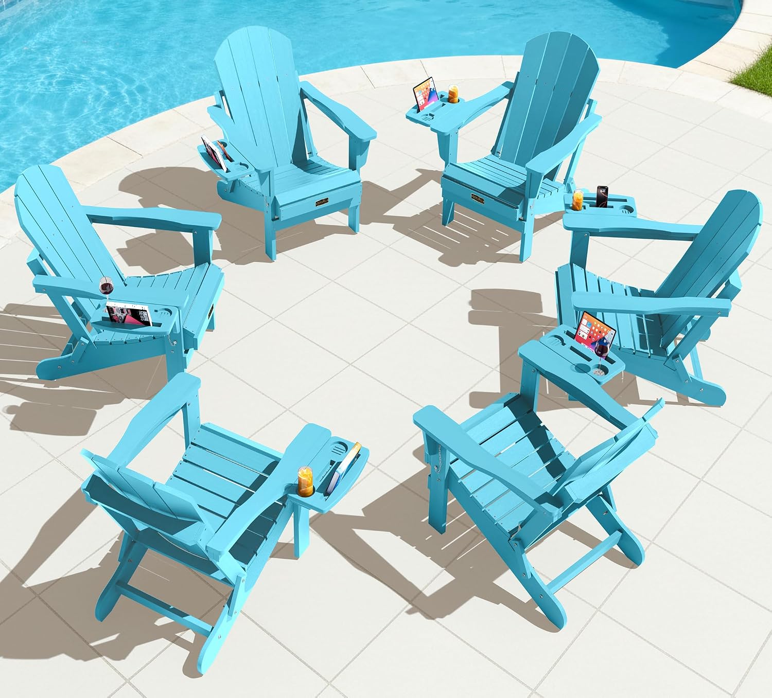 SERWALL Folding Adirondack Chairs with Cup Holder, Outdoor Fire Pit - Blue