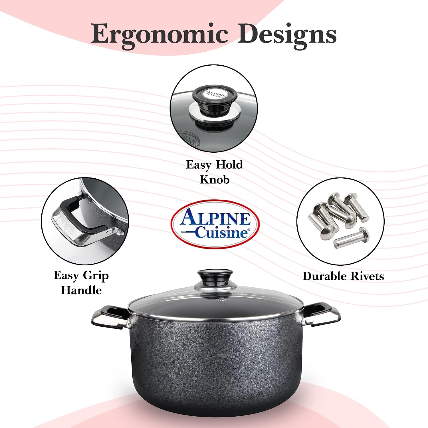 Alpine Cuisine 4 Quart Non-stick Stock Pot with Tempered Glass Lid and Carrying Handles, Multi-Purpose Cookware Aluminum Dutch Oven for Braising, Boiling, Stewing