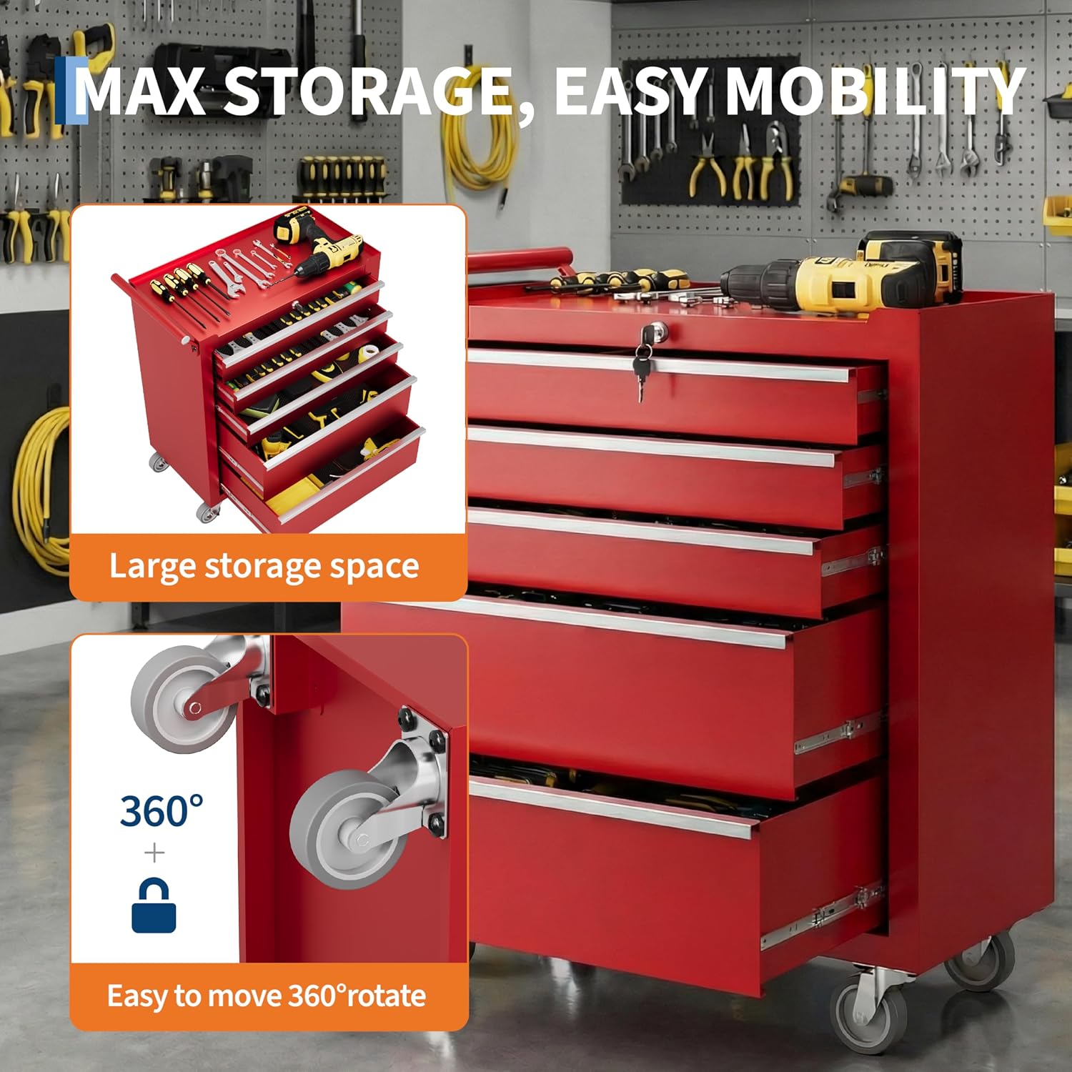 Rolling Tool Chest with Wheels, 5 Drawer Tool Storage Cabinet, Portable Toolbox Organizer with Lock, Heavy Duty Tool Chest Cart for Garage, Mechanic, Workshop, Shop, Mobile Tool Organizer, Black