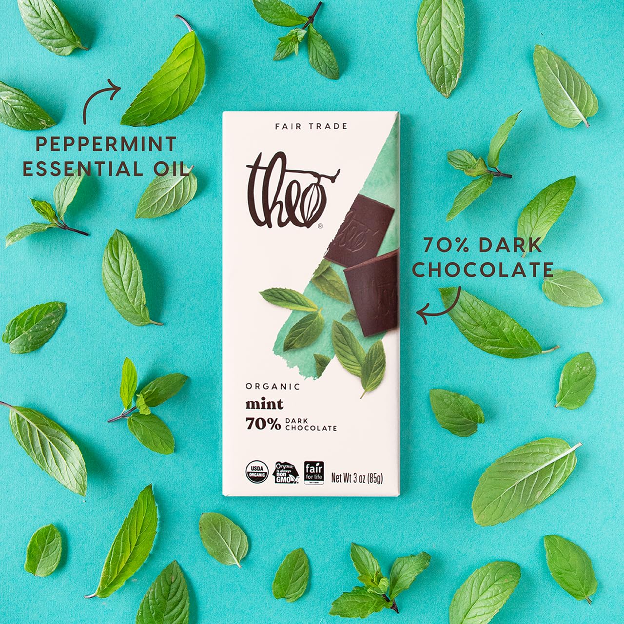 Theo Mint Organic Dark Chocolate Bar, 70% Cacao, 1 Bar | Vegan, Fair Trade