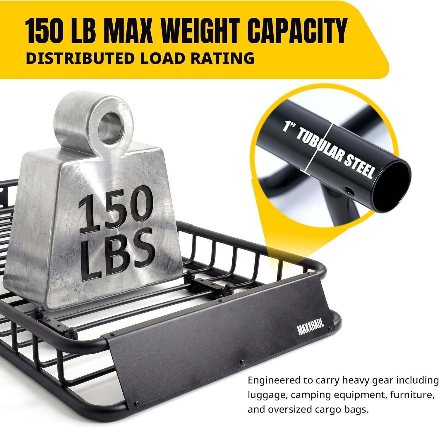 MaxxHaul Steel Roof Rack Cargo Basket, 46" x 36" x 4.5" Roof Top Carrier, Universal Fit for Cars, SUVs, Vans, and RVs, 150 lb Capacity, Weather-Resistant Easy-Install Cargo Storage (70115)