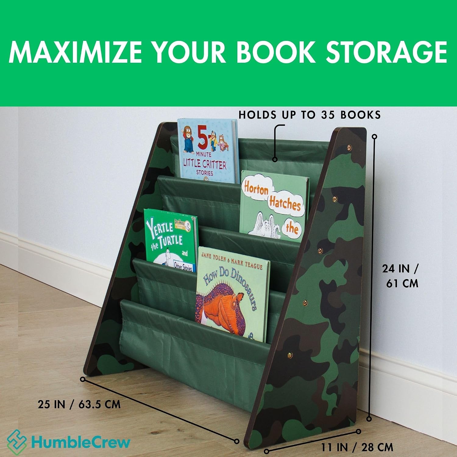 Humble Crew Kids Bookshelf, Montessori Front Facing Toddler Bookcase 4 Tier | Book display rack and reading nook organizer, nylon pockets show covers face out, compact for any playroom or bedroom space