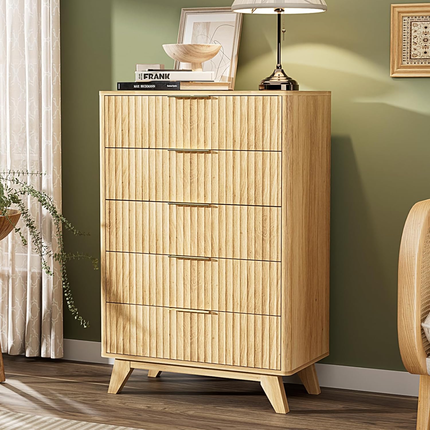 VINGLI Fluted Tall Dresser 5 Drawer, 23.66" W Chest of Drawers Gray Wood Dresser with Rounded Edges, Grey Dressers for Bedroom